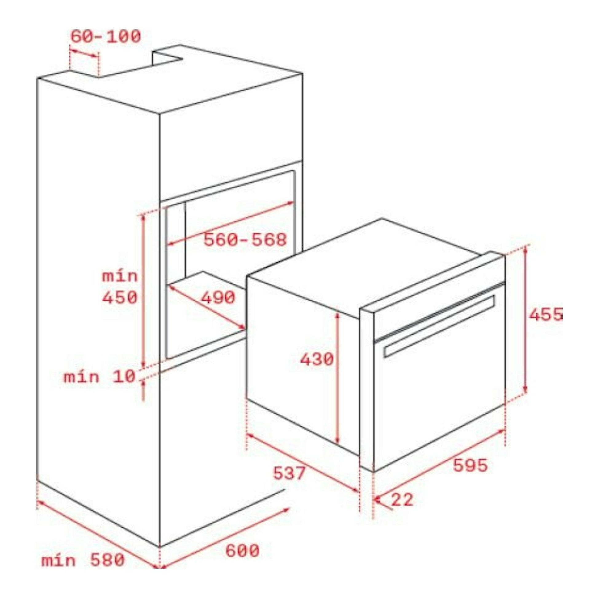 Diagrama técnico isométrico del microondas Teka MLC 8440 BK integrable en negro, con medidas.