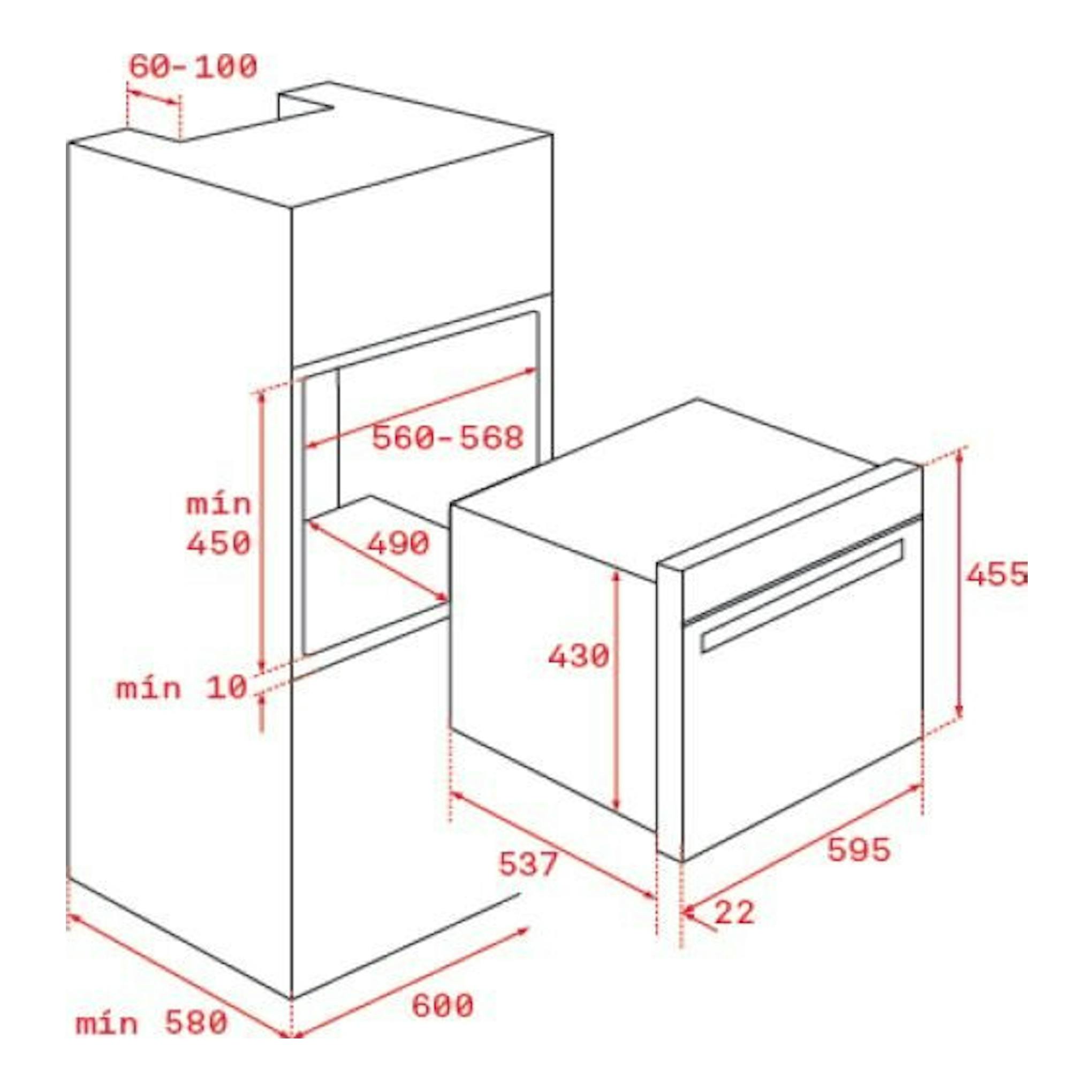 Diagrama técnico isométrico del microondas Teka MLC 8440 BK integrable en negro, con medidas.