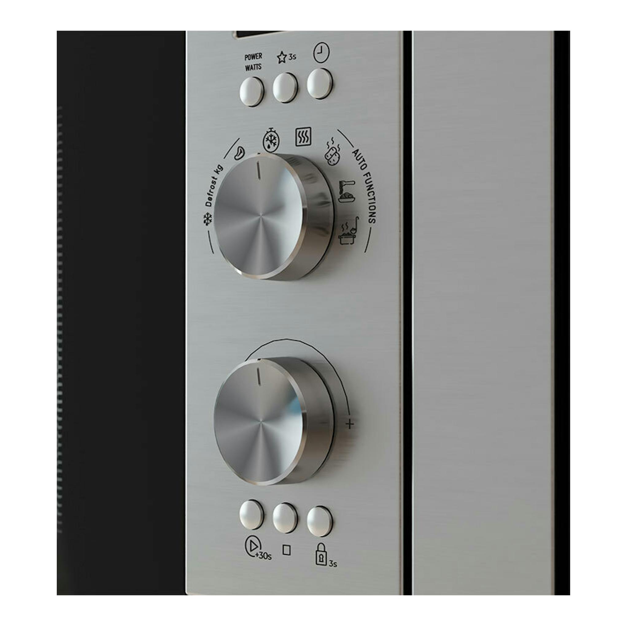 Microondas Teka MS6200BIH inox, vista frontal parcial del panel con dos mandos y botones.