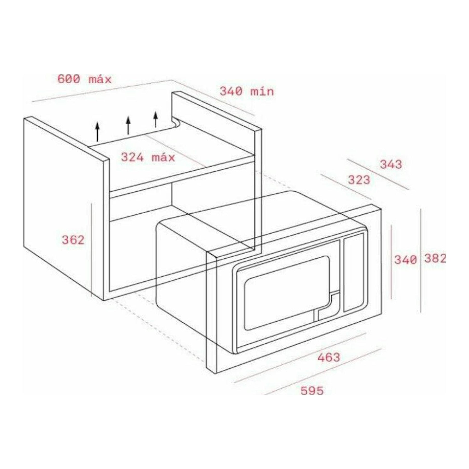 Esquema técnico de microondas empotrable Teka MWE202FI Inox, vista isométrica con medidas.