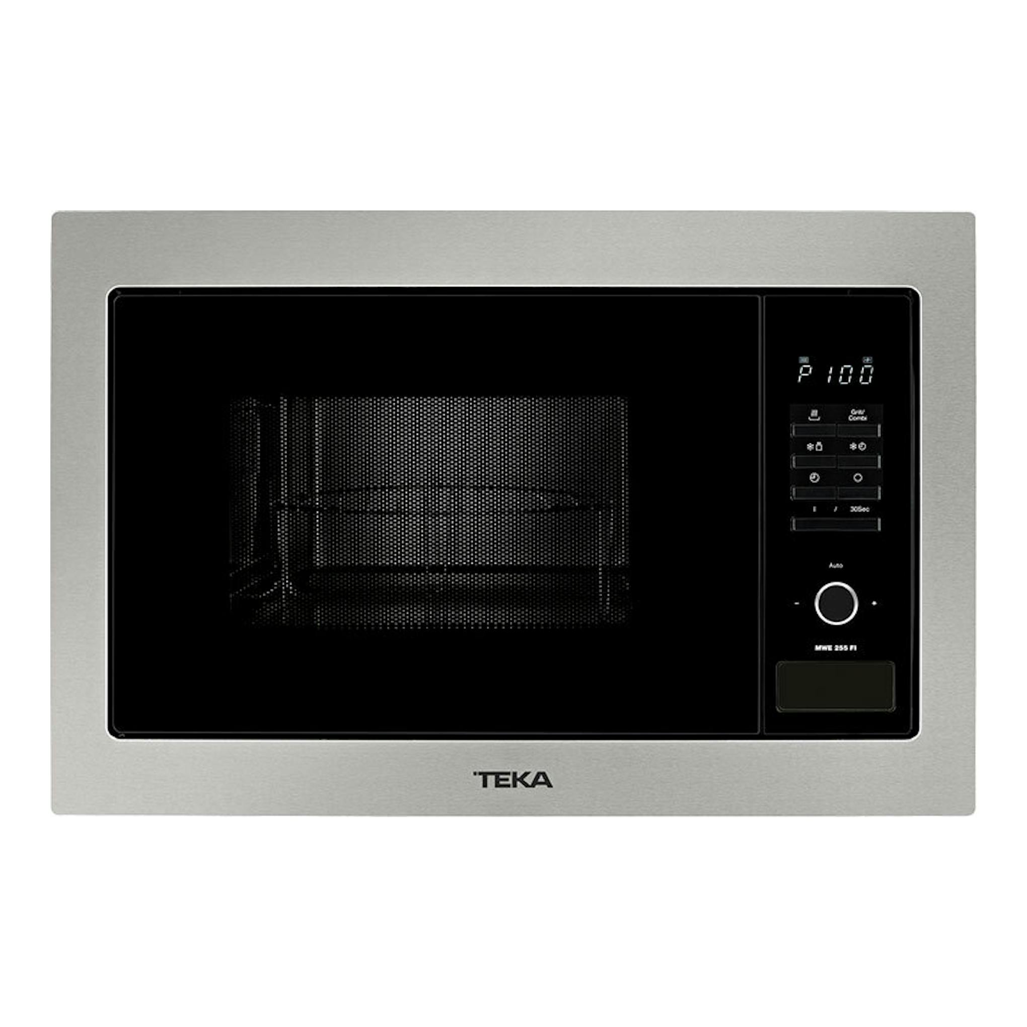 Microondas empotrable Teka MWE255FI inox, vista frontal, puerta negra y panel digital a la derecha.