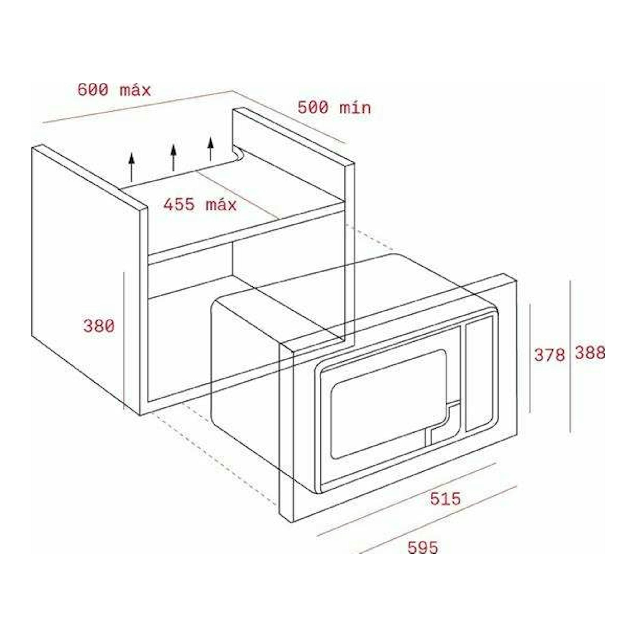 Esquema isométrico de instalación del microondas Teka MWE255FI Inox en mueble, con medidas.