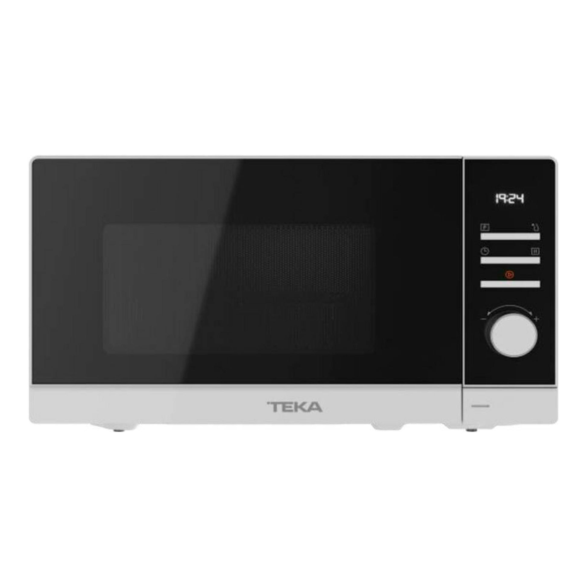Microondas Teka MWEFS20G blanco y negro, vista frontal, con panel digital y mando giratorio.