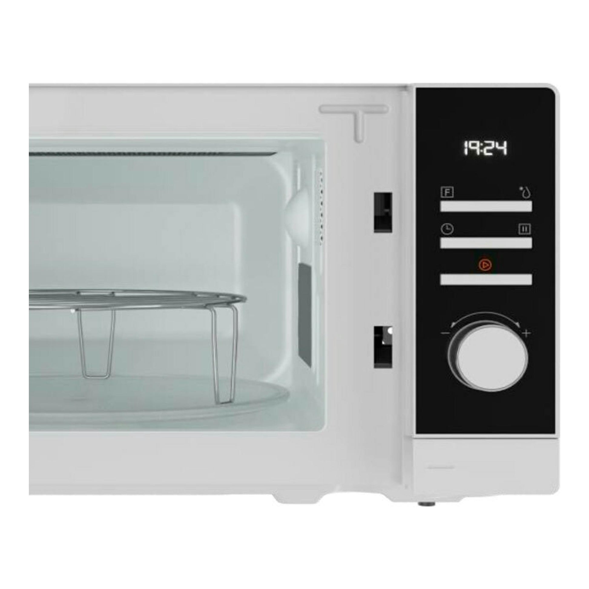 Microondas Teka MWEFS20G blanco, vista frontal con puerta abierta, interior visible y panel negro con mando.