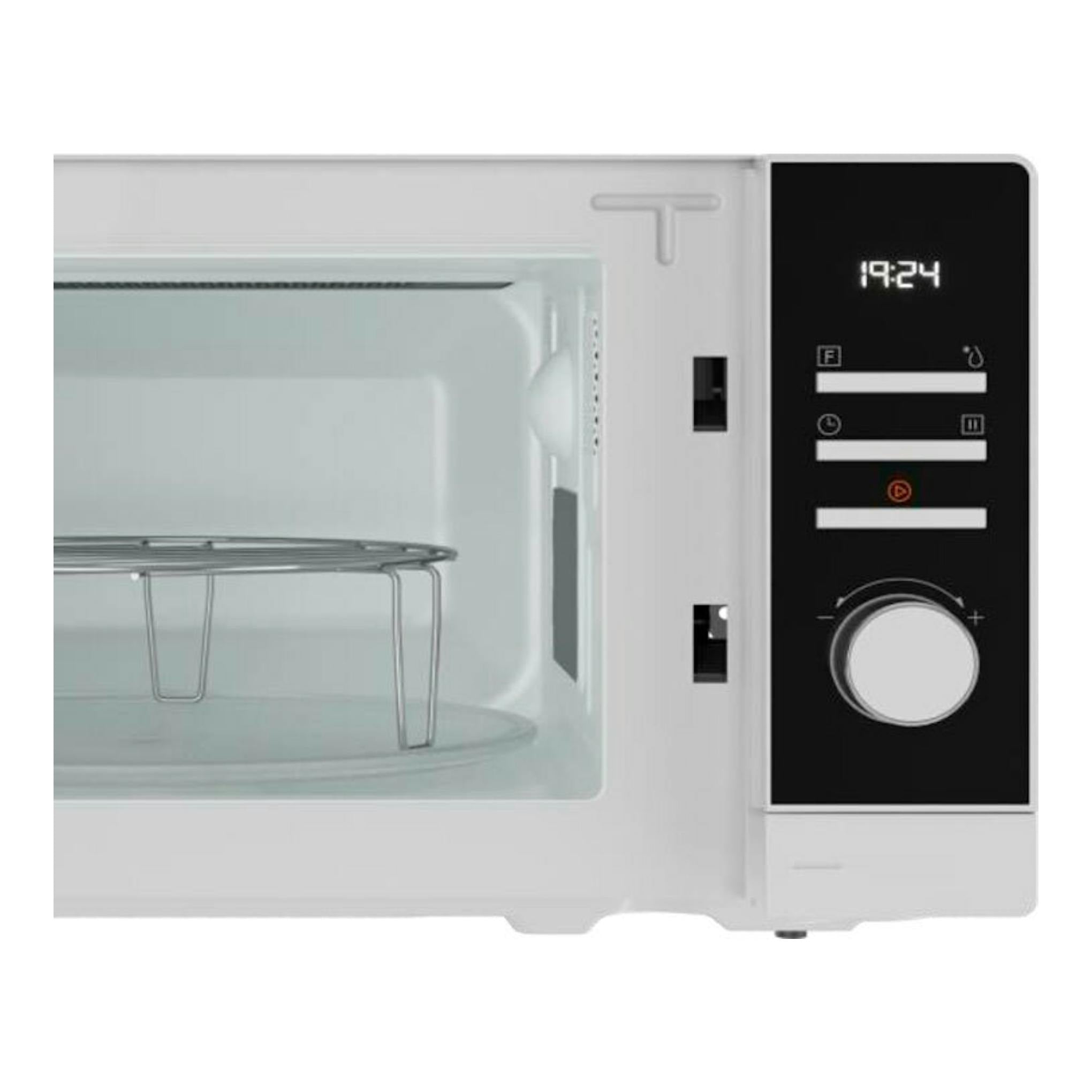 Microondas Teka MWEFS20G blanco, vista frontal con puerta abierta, interior visible y panel negro con mando.