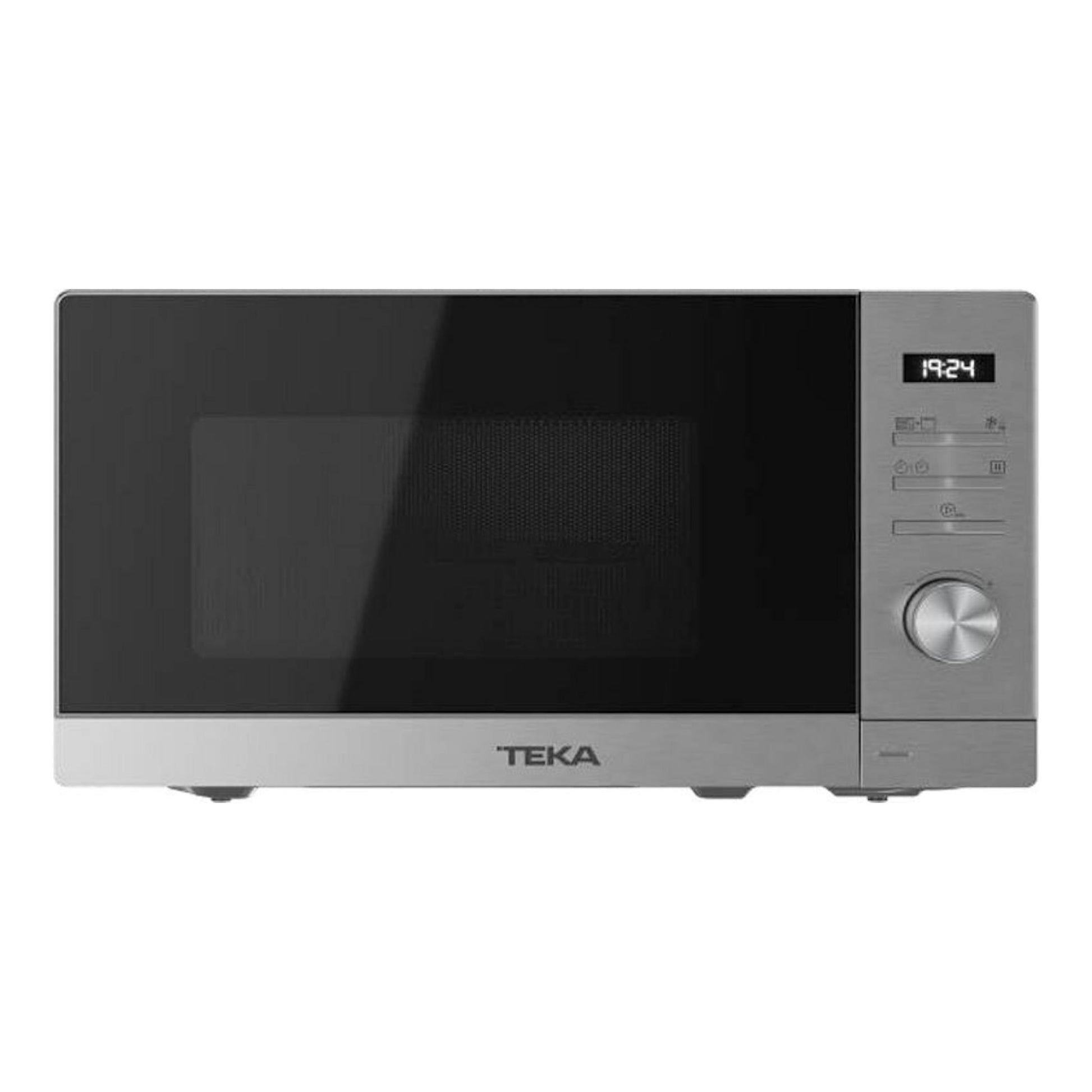 Microondas Teka MWEFS20G inox, vista frontal, puerta negra, display y mando giratorio a la derecha.