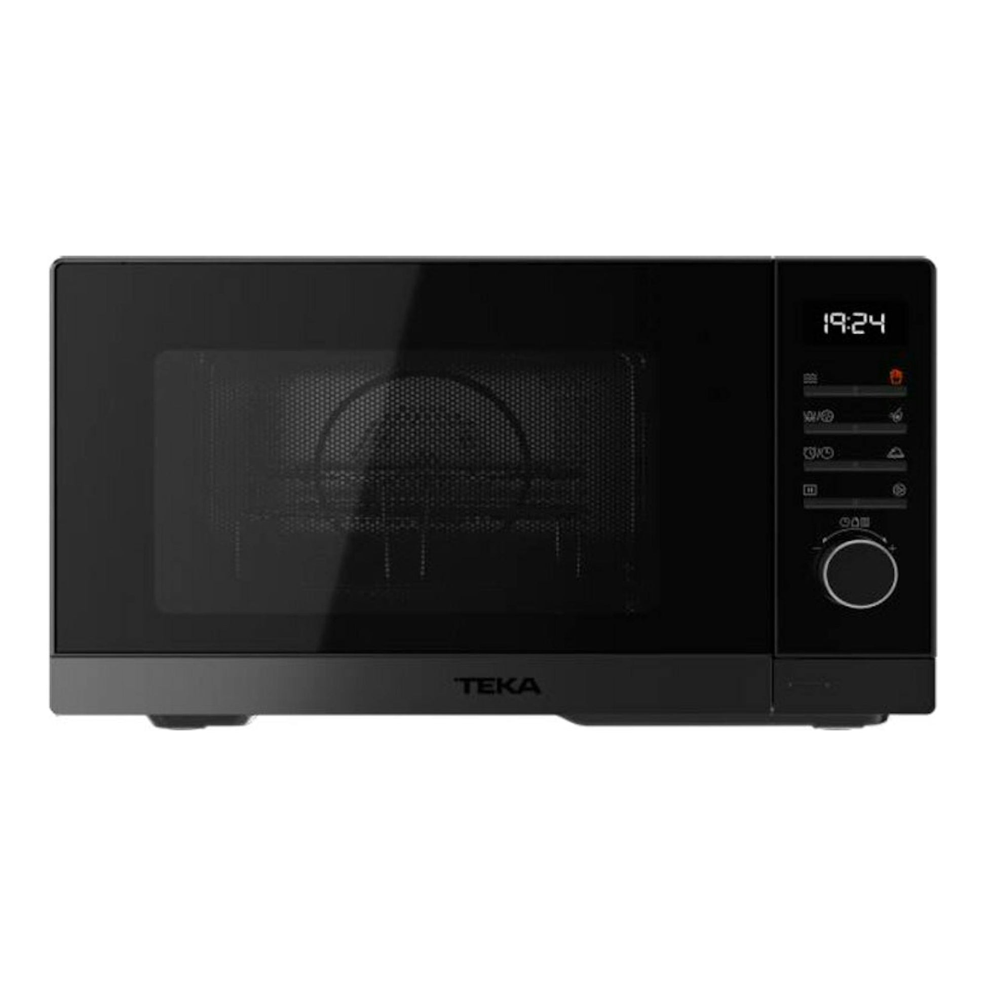 Microondas Teka MWEFS23G negro, vista frontal con panel digital y mando giratorio.