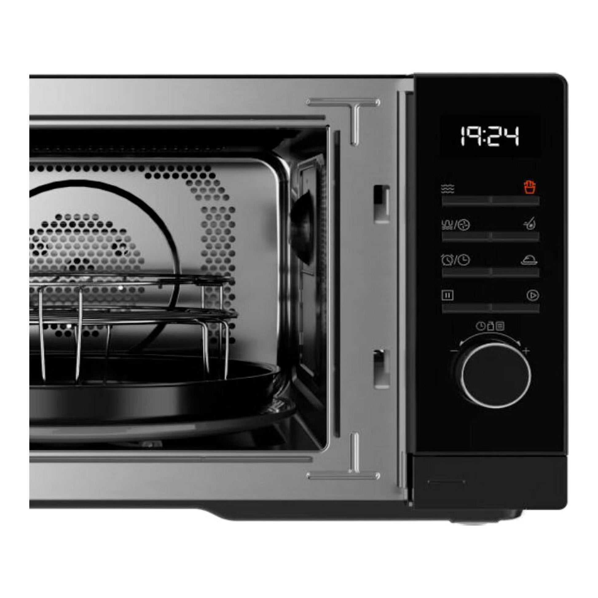 Microondas Teka MWEFS23G negro, puerta abierta, vista frontal del interior y panel digital.