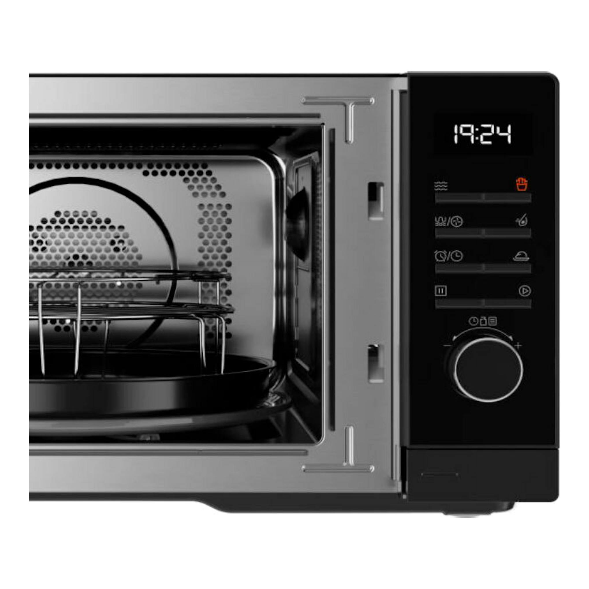Microondas Teka MWEFS23G negro, puerta abierta, vista frontal del interior y panel digital.