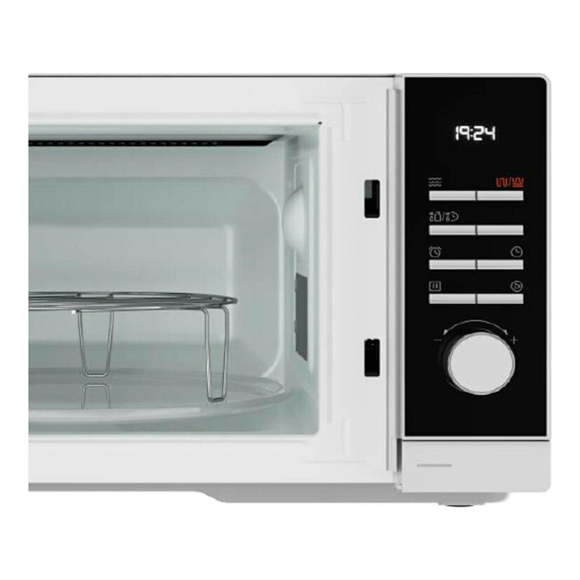 Microondas Teka MWEFS25G blanco, vista frontal con puerta abierta y panel de control negro.