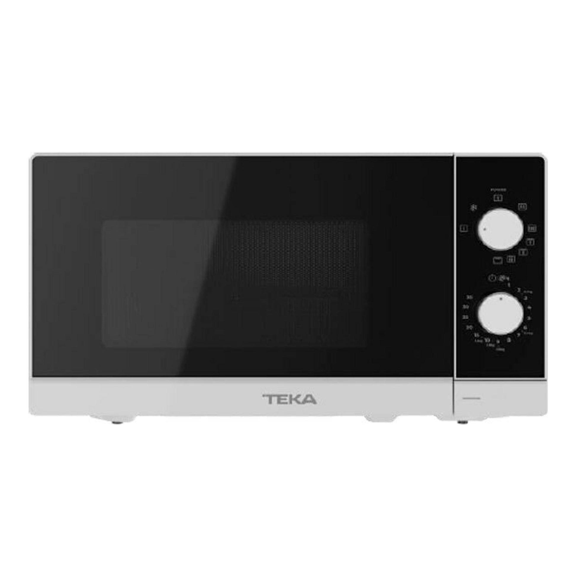 Microondas Teka MWFS20G blanco, vista frontal, con puerta negra y dos mandos giratorios a la derecha.