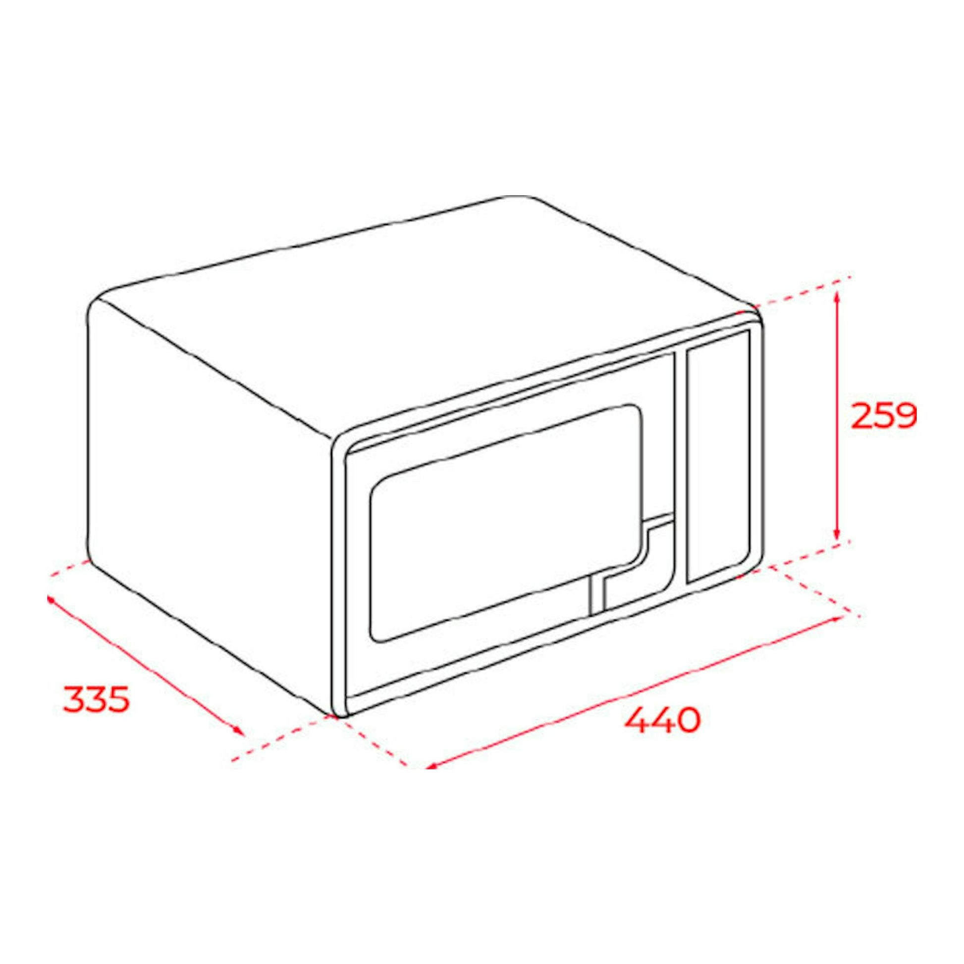 Microondas Teka MWFS20G blanco, vista isométrica con medidas 440 x 335 x 259 mm.