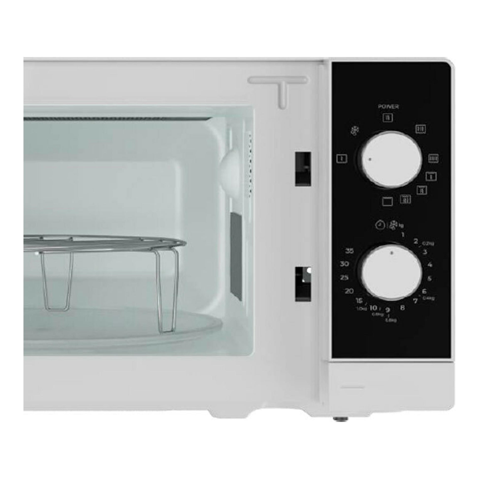 Microondas Teka MWFS20G blanco, vista frontal con puerta abierta y panel negro de dos mandos.