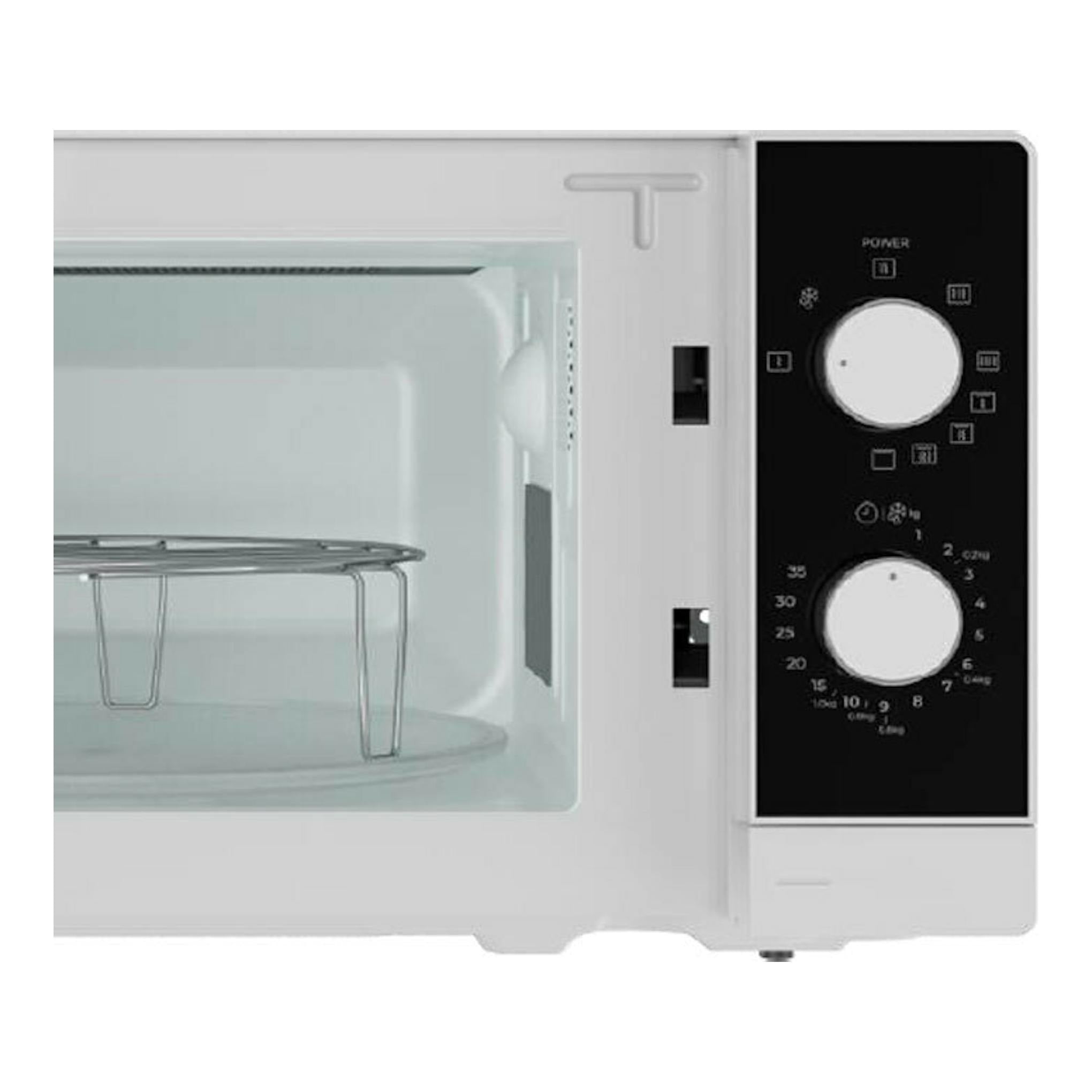 Microondas Teka MWFS20G blanco, vista frontal con puerta abierta y panel negro de dos mandos.