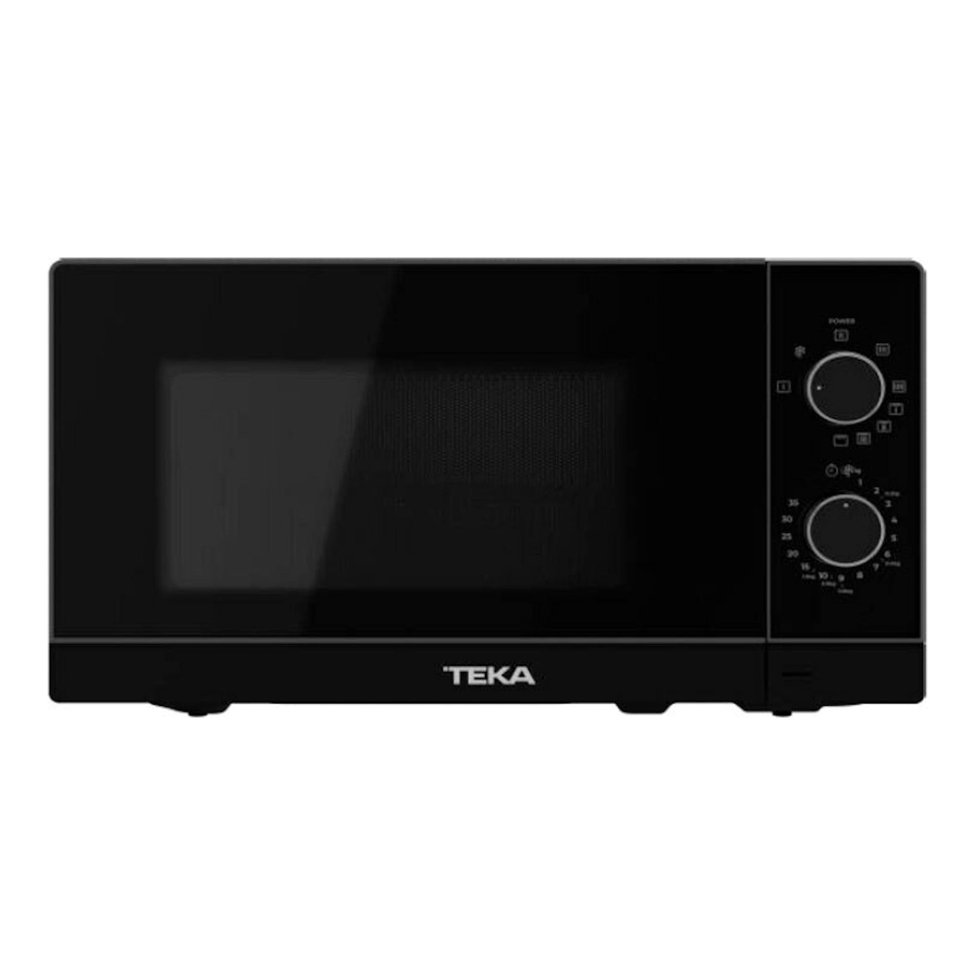 Microondas Teka MWFS20G negro, vista frontal, con puerta de cristal y dos mandos giratorios.