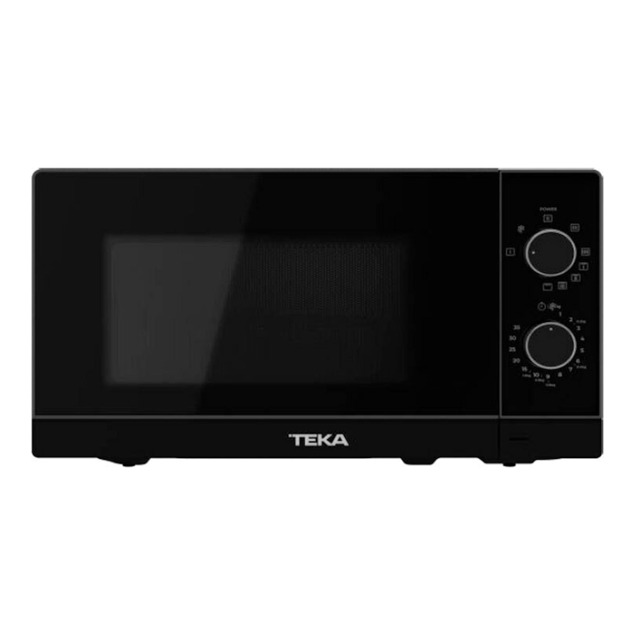 Microondas Teka MWFS20G negro, vista frontal, con puerta de cristal y dos mandos giratorios.