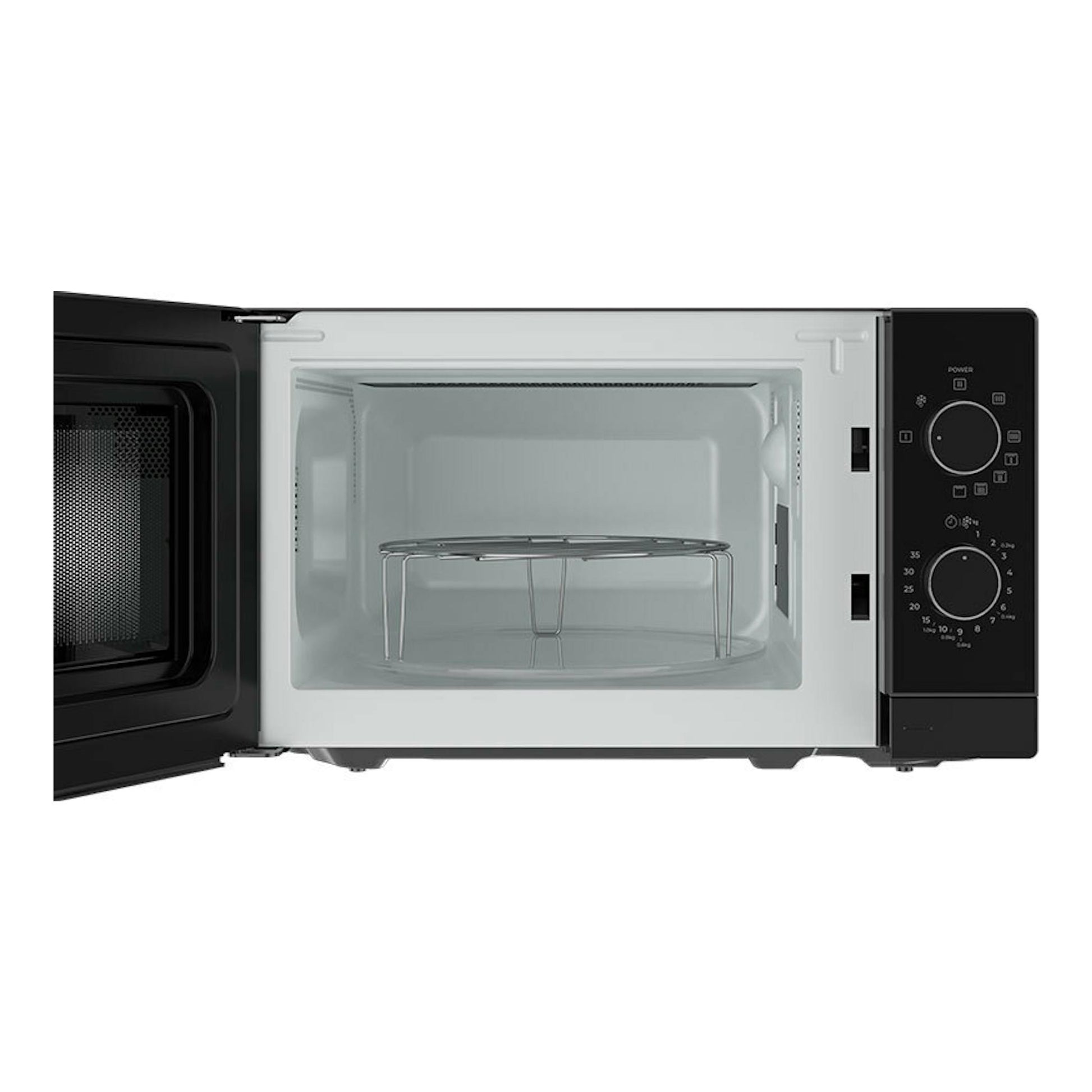Microondas Teka MWFS20G negro, vista frontal con la puerta abierta y el interior visible.
