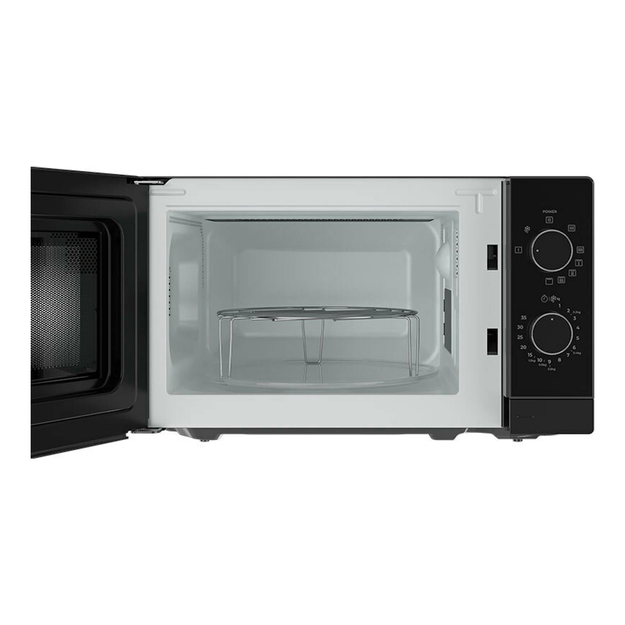 Microondas Teka MWFS20G negro, vista frontal con la puerta abierta y el interior visible.