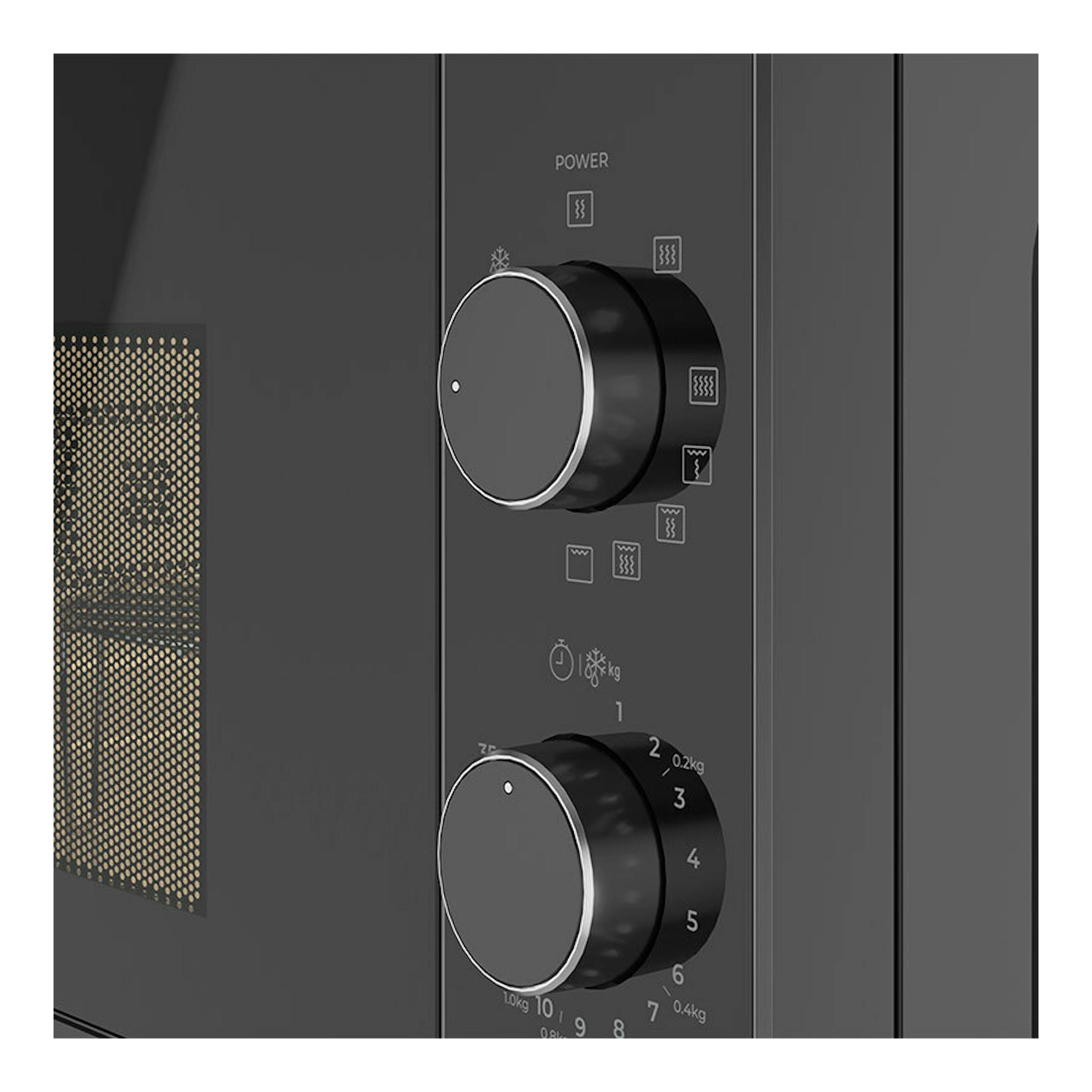 Microondas Teka MWFS20G negro, vista frontal en primer plano de los mandos giratorios y la rejilla lateral.