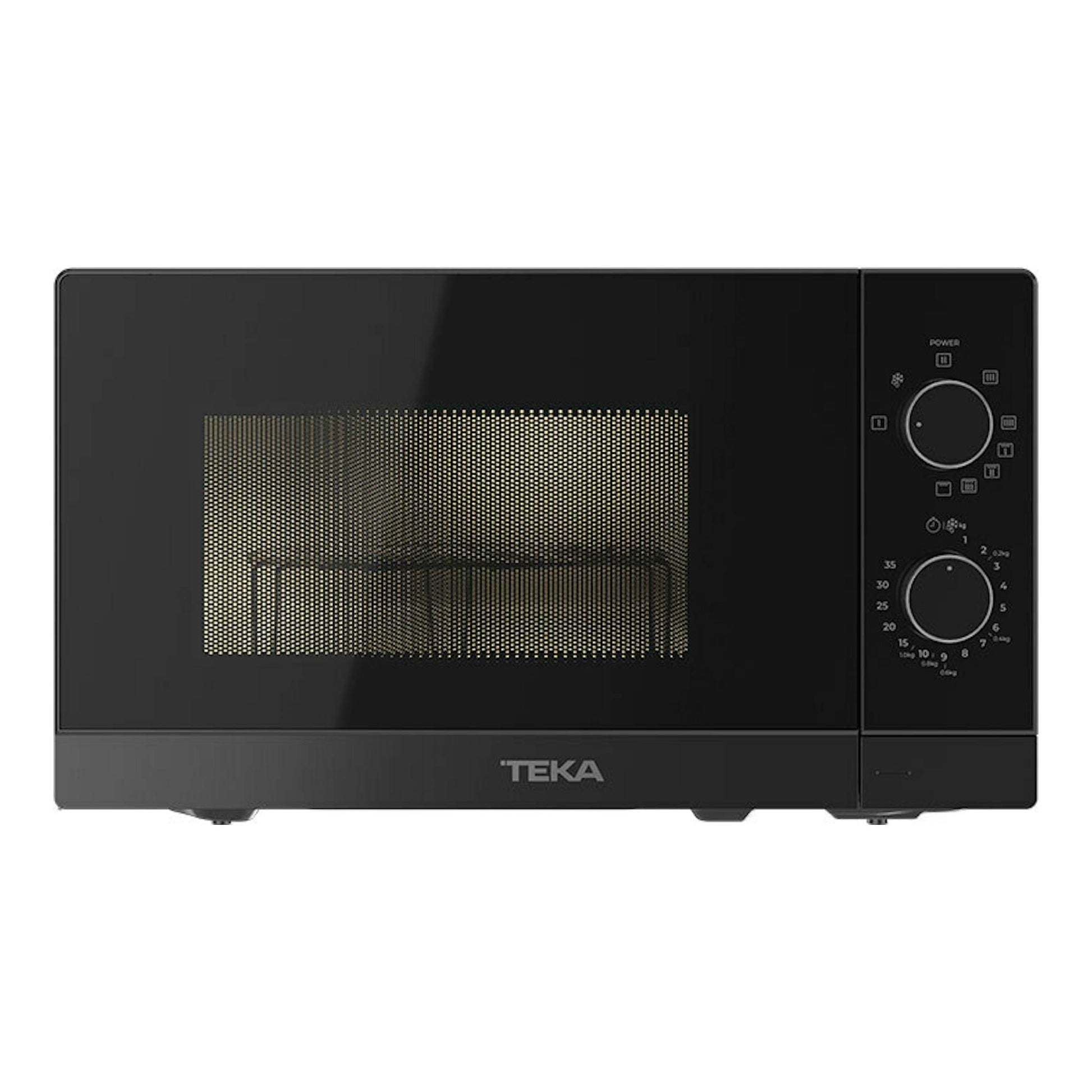 Microondas Teka MWFS20G negro, vista frontal, con puerta de cristal y dos mandos laterales.