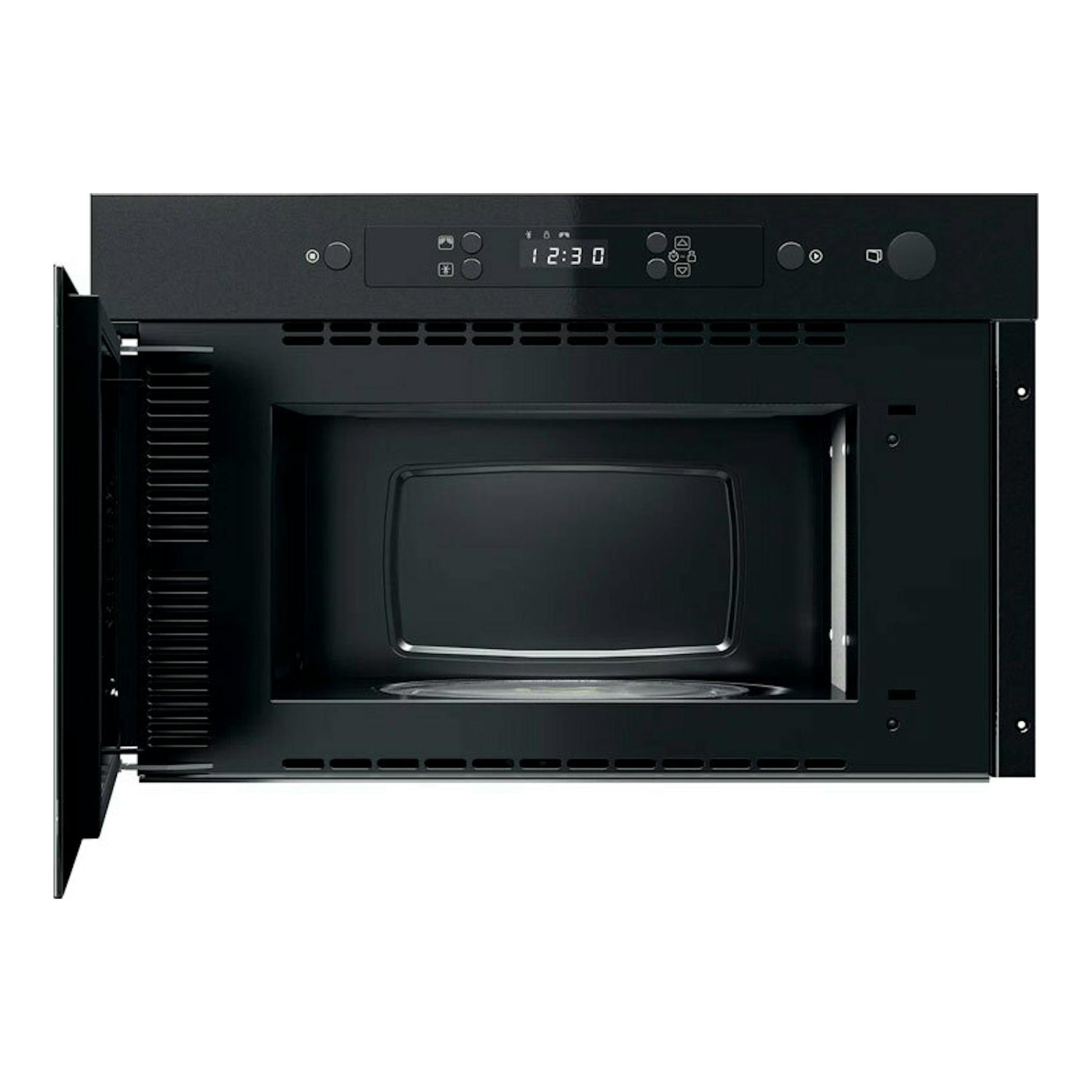 Microondas Whirlpool MBNA900B negro, vista frontal con la puerta abierta y panel digital superior.