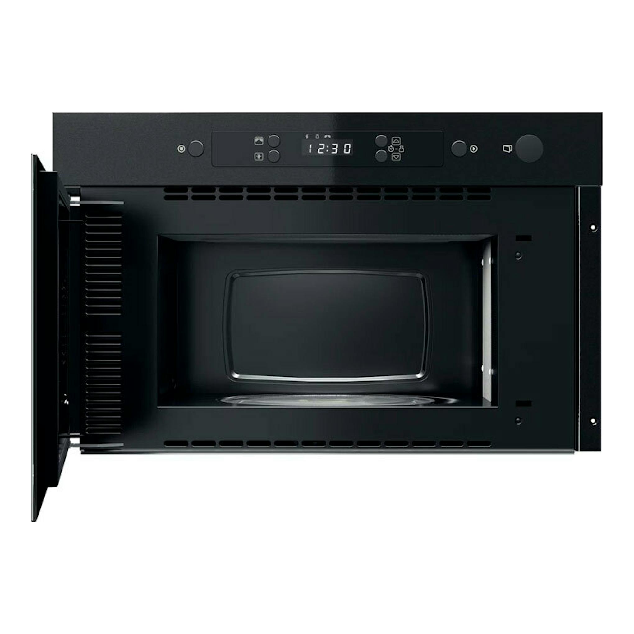 Microondas Whirlpool MBNA900B negro, vista frontal con la puerta abierta y panel digital superior.