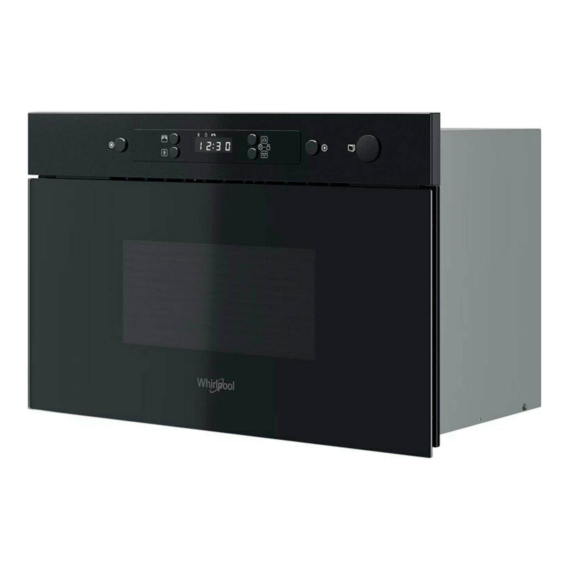 Microondas empotrable Whirlpool MBNA900B negro, vista frontal en ángulo, con panel digital y puerta de vidrio.