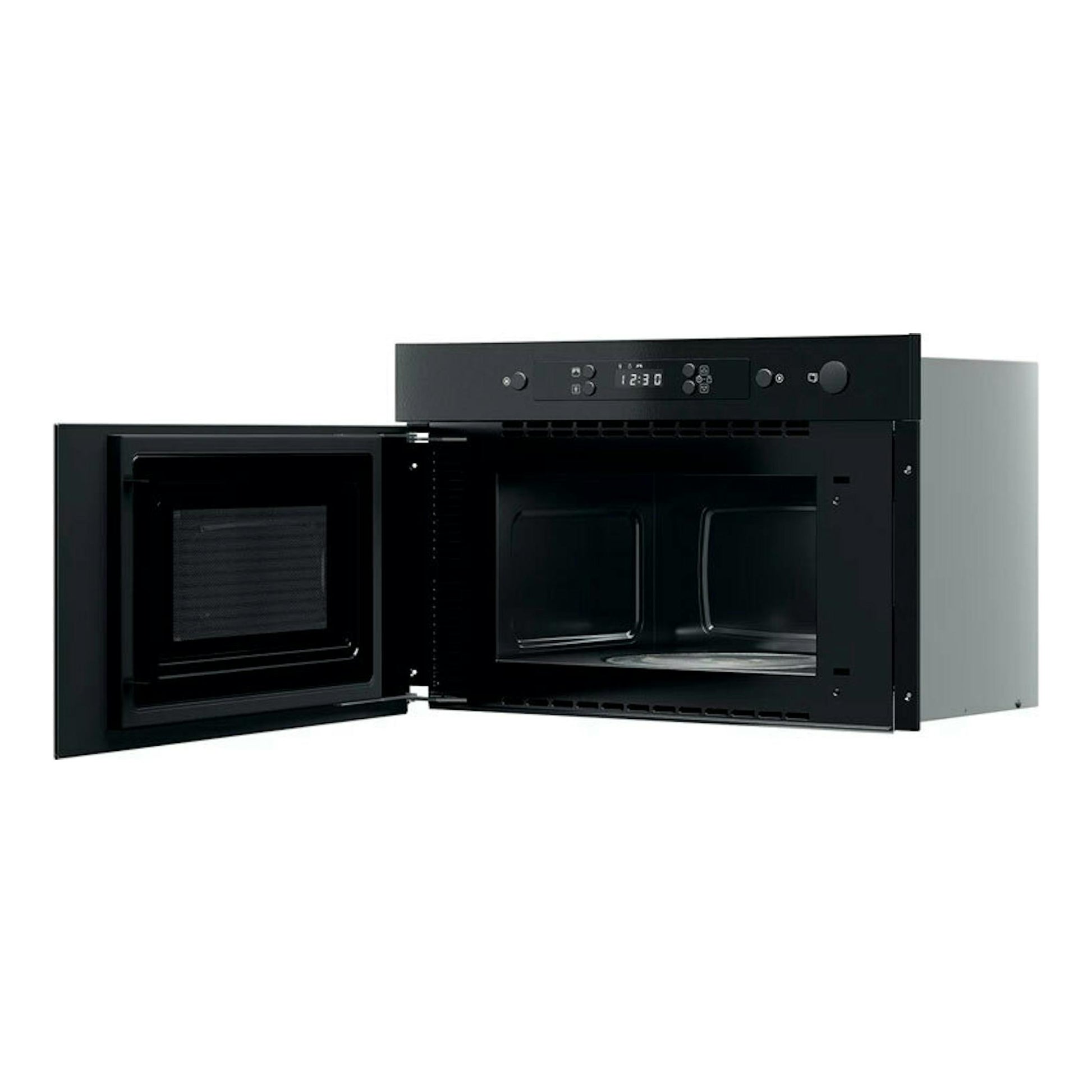 Microondas Whirlpool MBNA900B negro, vista frontal con la puerta abatible abierta.