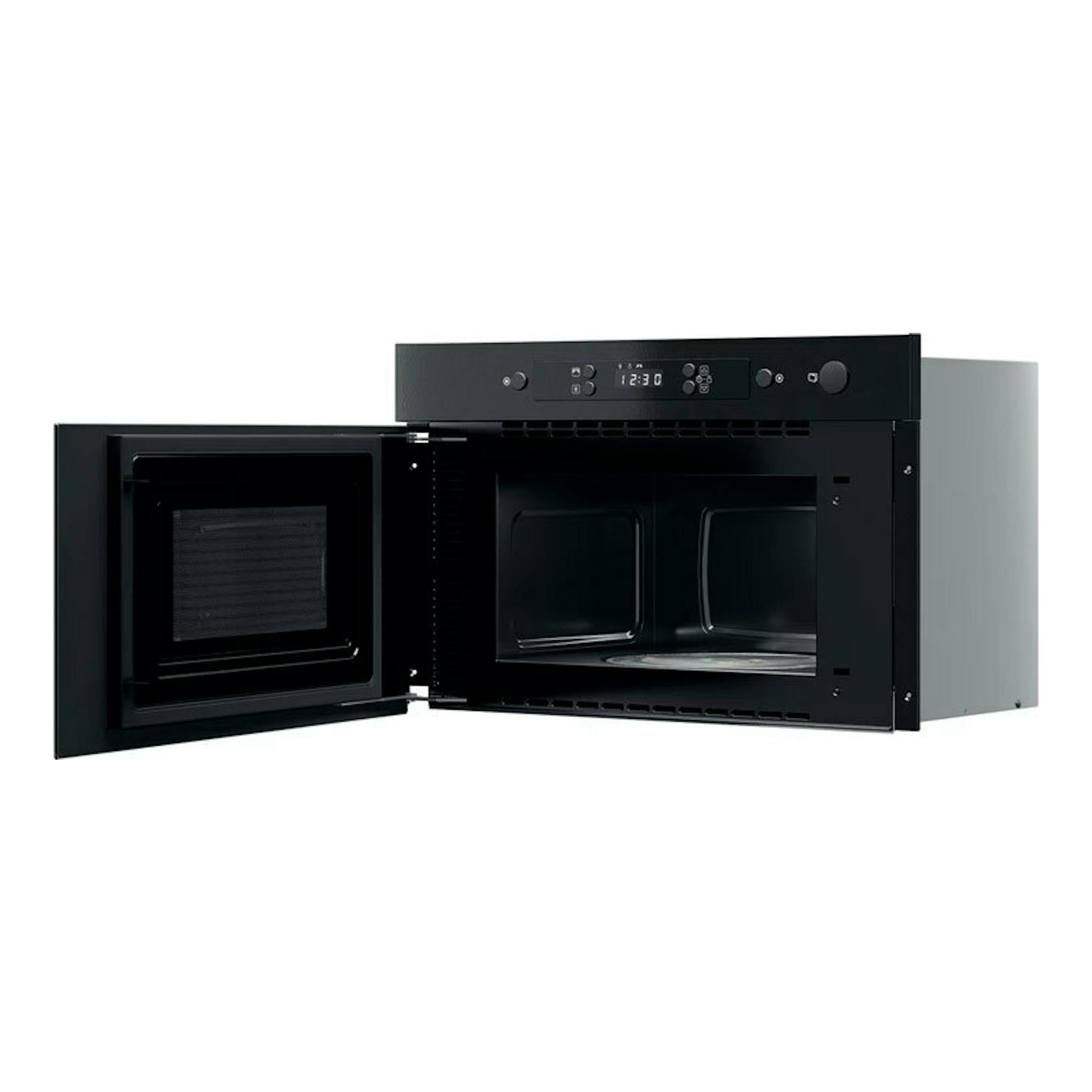 Microondas Whirlpool MBNA900B negro, vista frontal con la puerta abatible abierta.