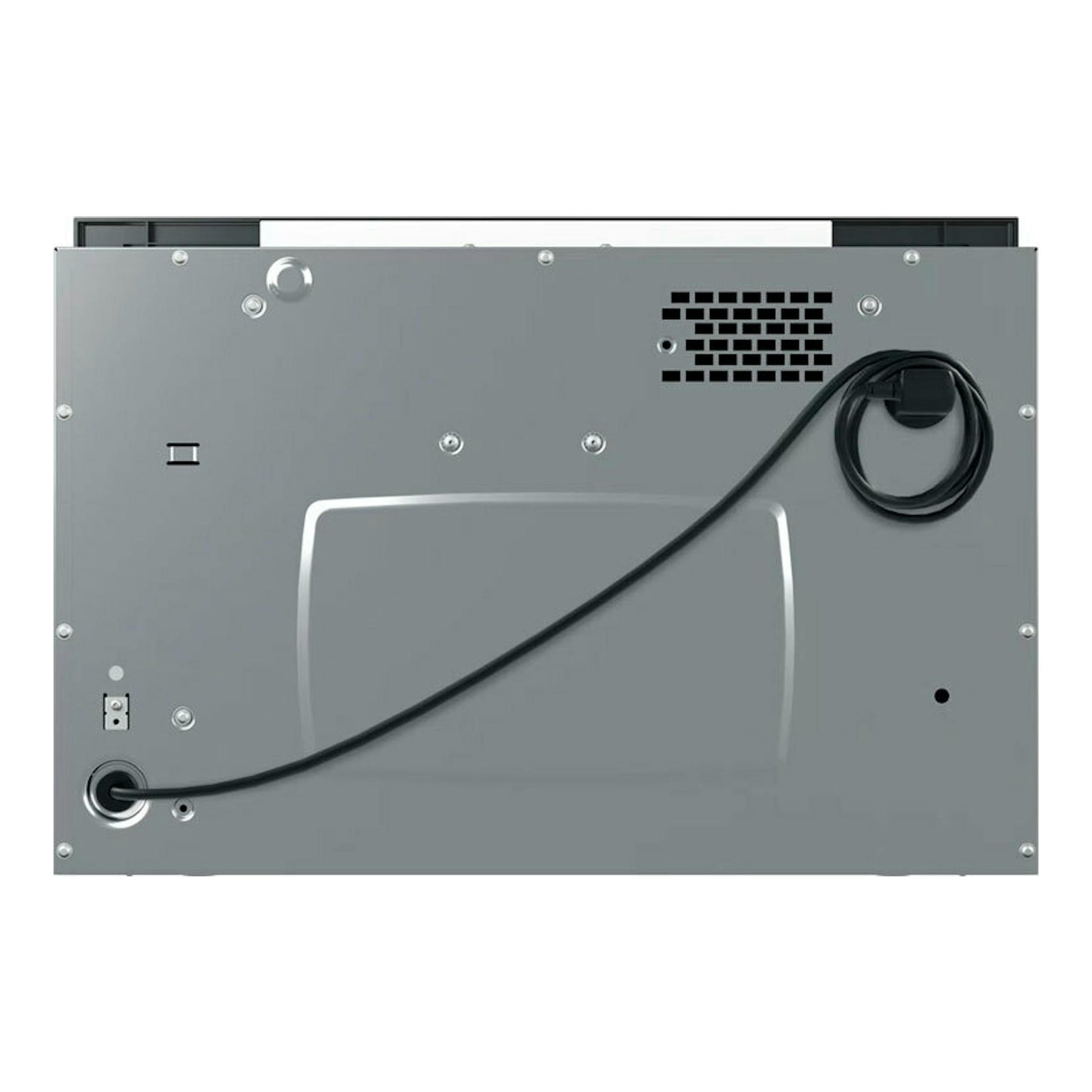 Microondas Whirlpool MBNA900B negro, vista trasera, panel metálico gris y cable de alimentación enrollado.