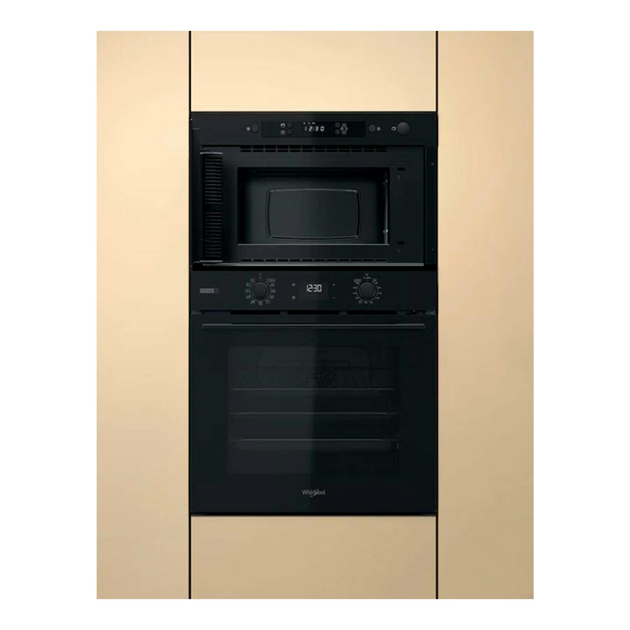 Microondas empotrado Whirlpool MBNA900B negro, vista frontal, integrado sobre un horno.