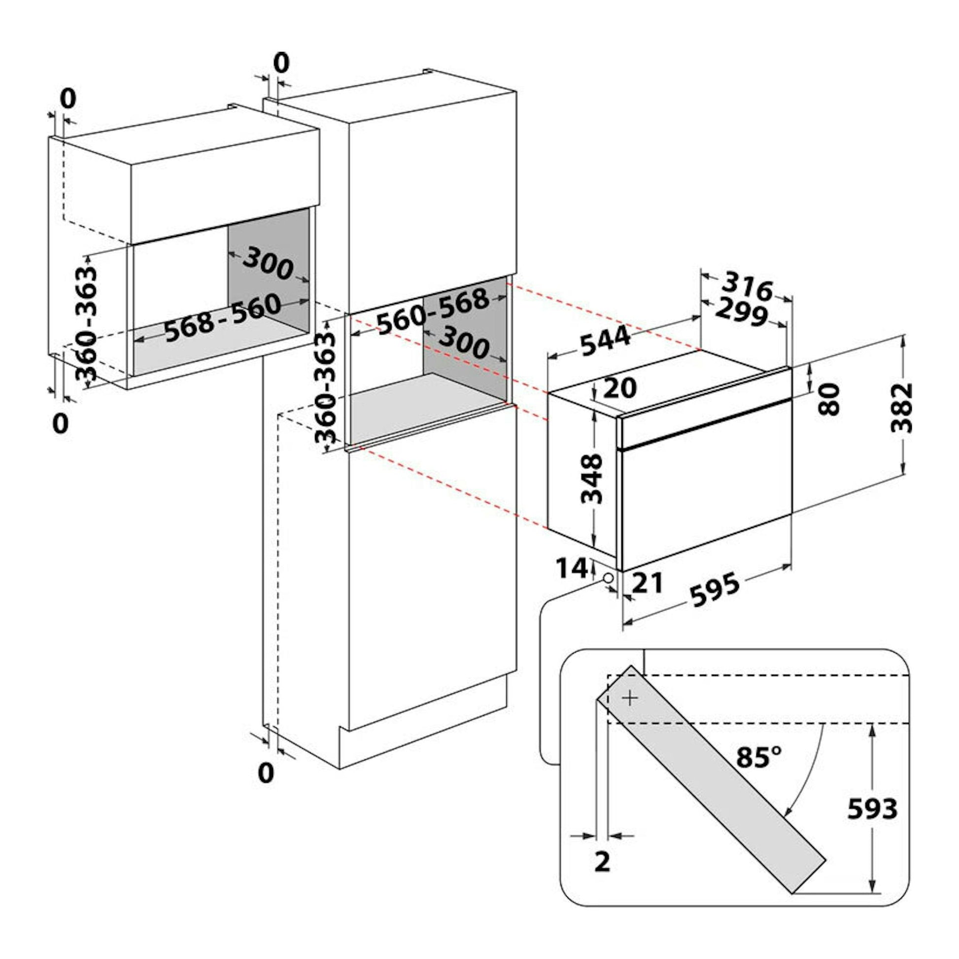 Diagrama de instalación del microondas Whirlpool MBNA900X inox empotrado, con vistas frontal y lateral y medidas.