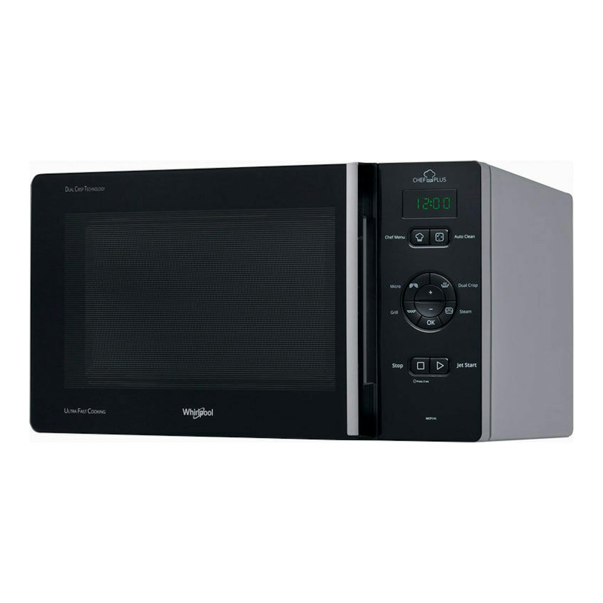 Microondas Whirlpool MCP346SL inox, vista frontal ligeramente lateral, con panel negro y cuerpo plateado.