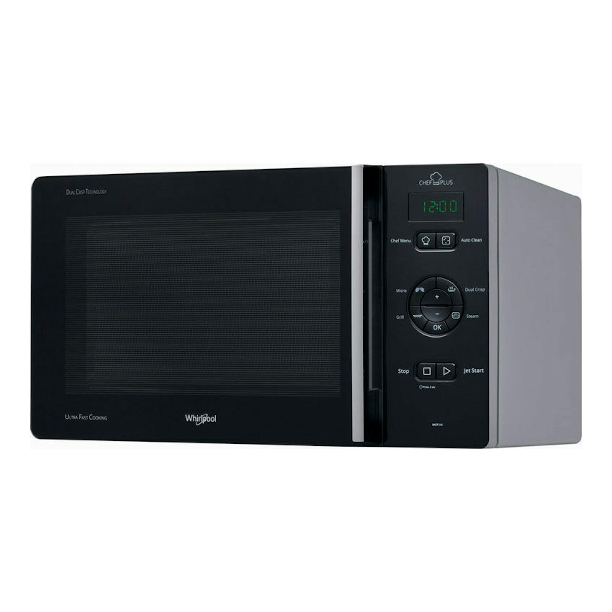 Microondas Whirlpool MCP346SL inox, vista frontal ligeramente lateral, con panel negro y cuerpo plateado.