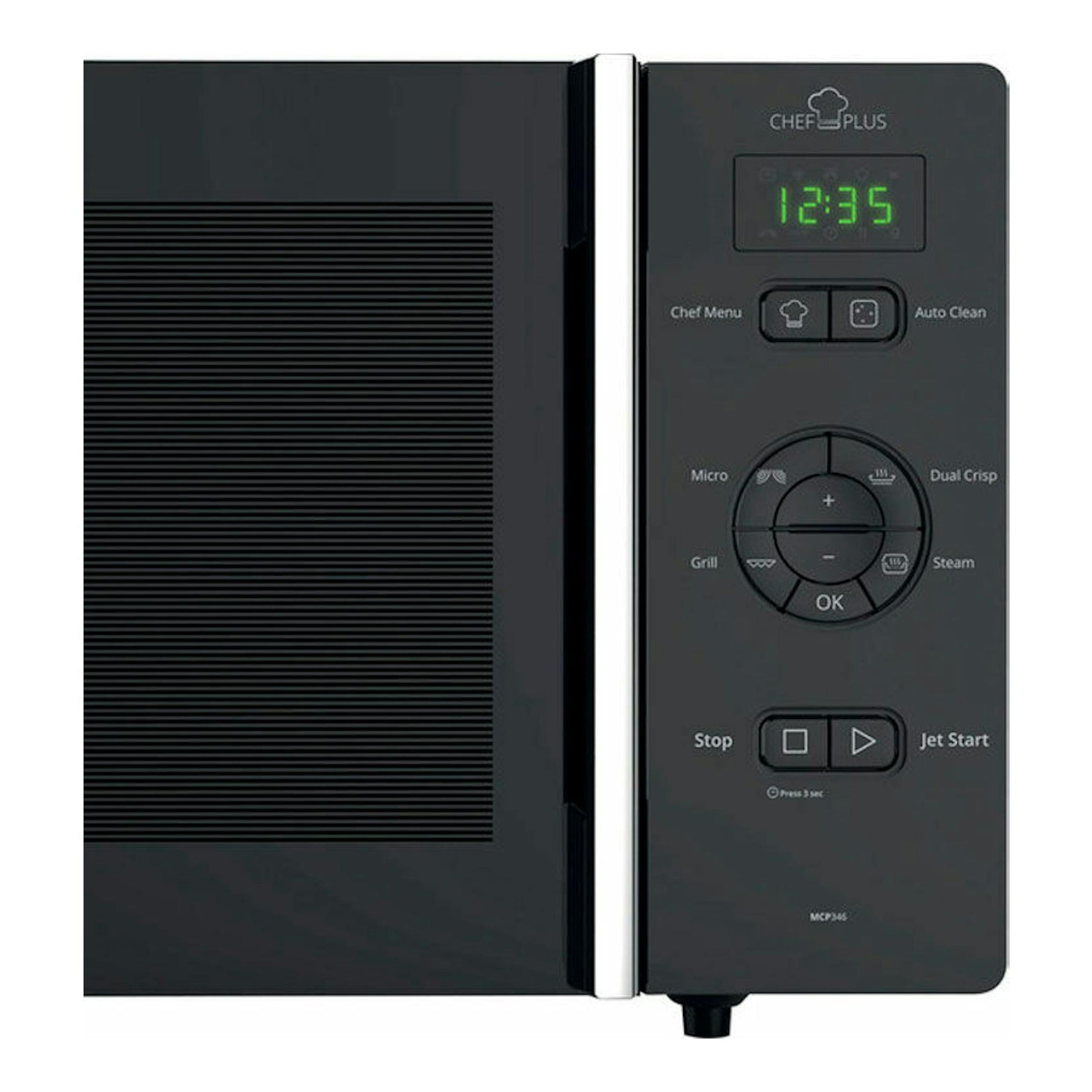 Microondas Whirlpool MCP346SL inox, vista frontal, puerta negra y panel digital con botones.