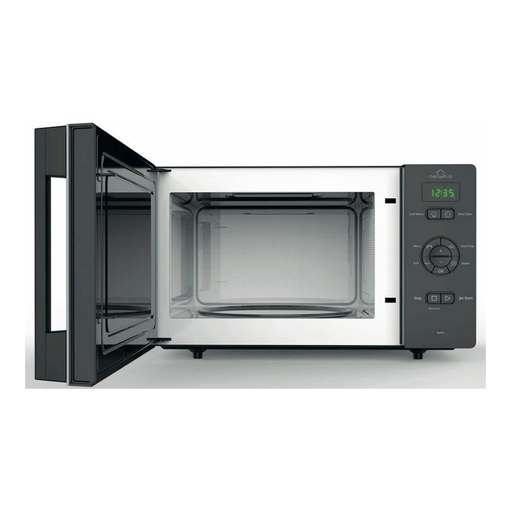Microondas Whirlpool MCP346SL inox, vista frontal con la puerta abierta y panel digital a la derecha.
