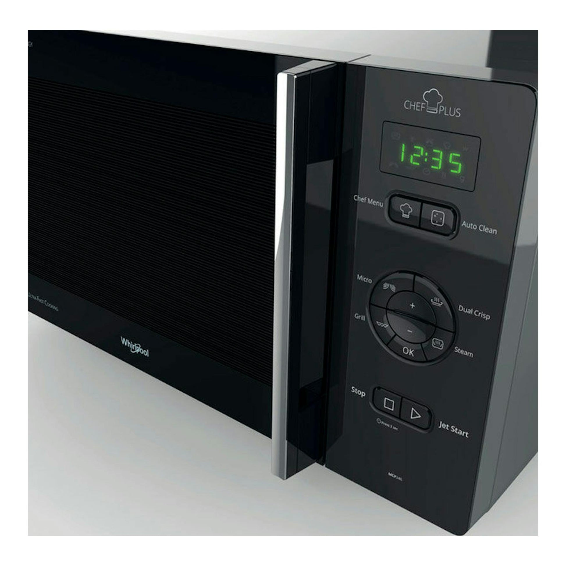 Microondas Whirlpool MCP346SL en inox, vista frontal en ángulo, con panel digital y puerta negra.