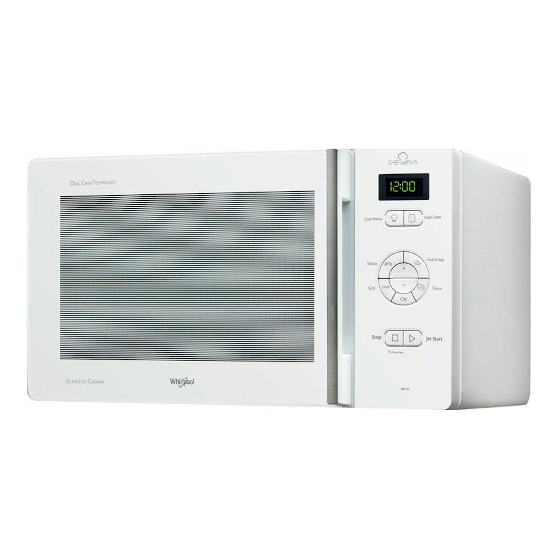 Microondas Whirlpool MCP346WH blanco, vista frontal en ángulo, con panel digital y puerta con rejilla.