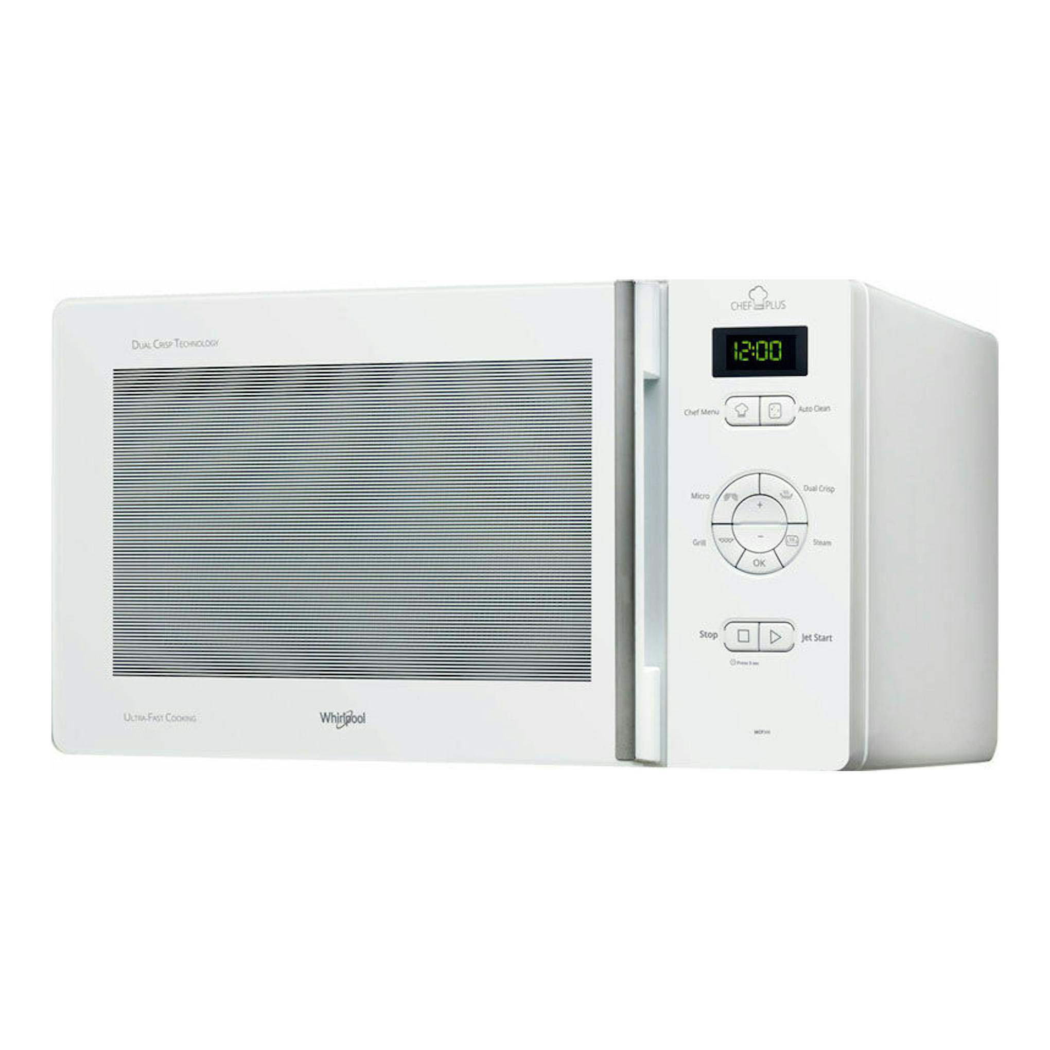 Microondas Whirlpool MCP346WH blanco, vista frontal en ángulo, con panel digital y puerta con rejilla.