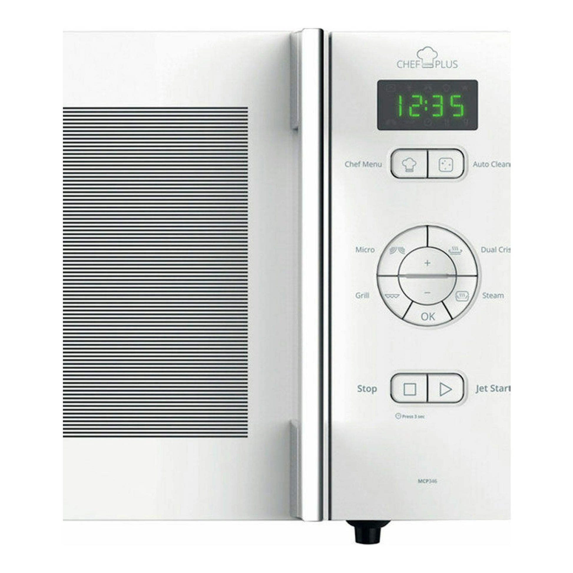 Microondas Whirlpool MCP346WH blanco, vista frontal con puerta plateada y panel digital.