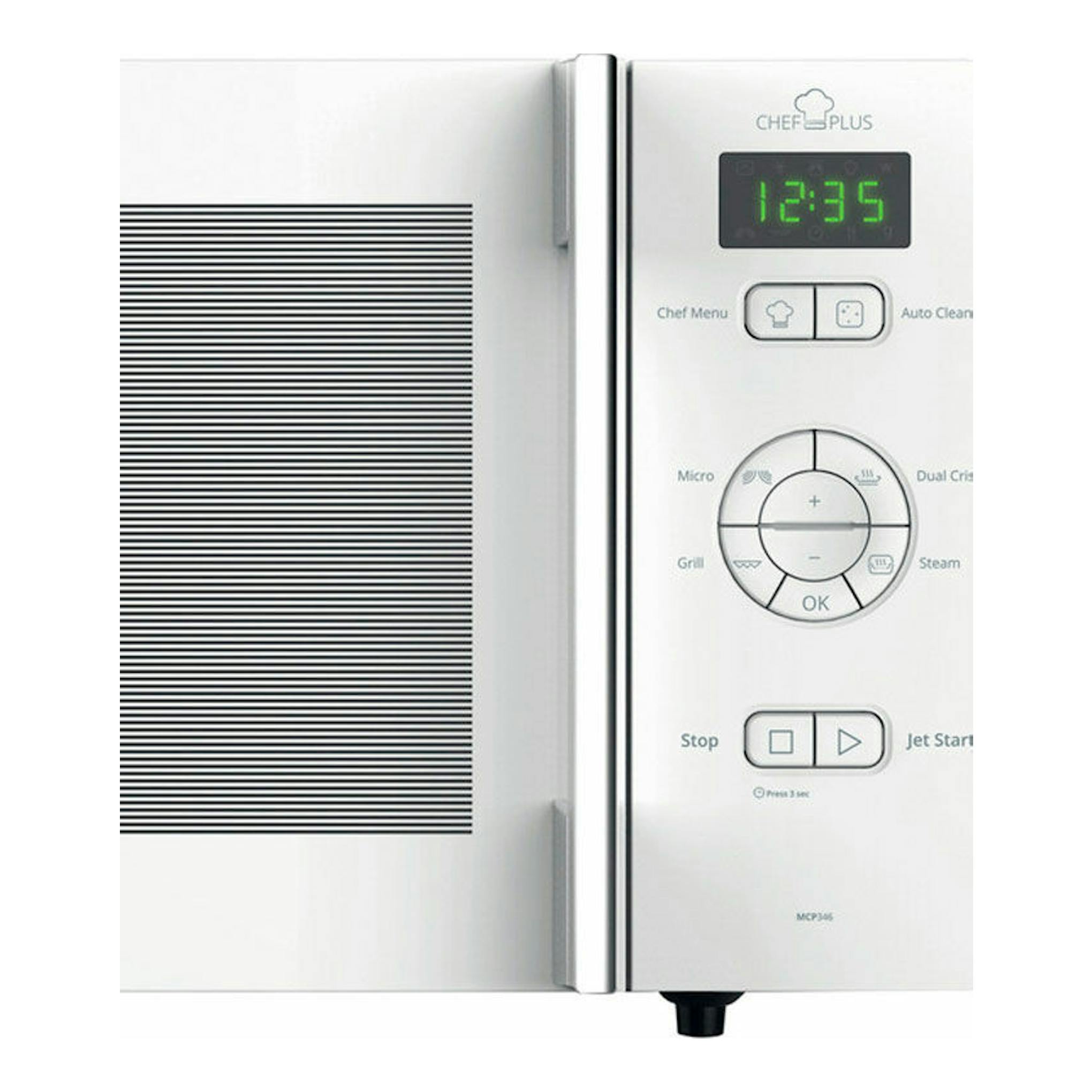 Microondas Whirlpool MCP346WH blanco, vista frontal con puerta plateada y panel digital.