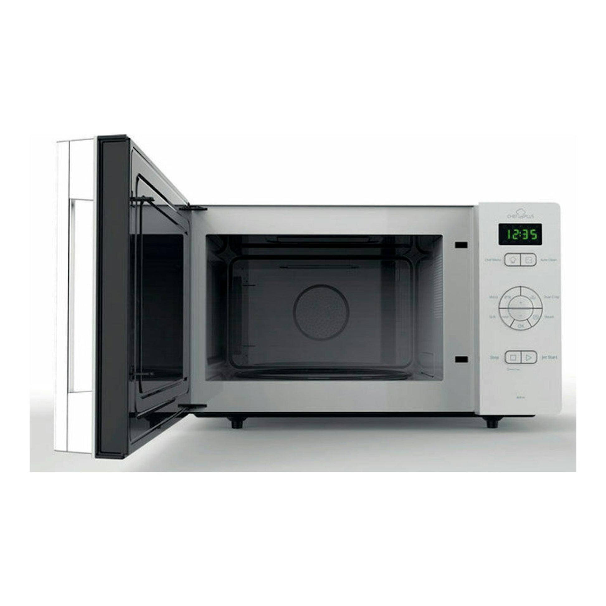 Microondas Whirlpool MCP346WH blanco, vista frontal con puerta abierta y panel digital.