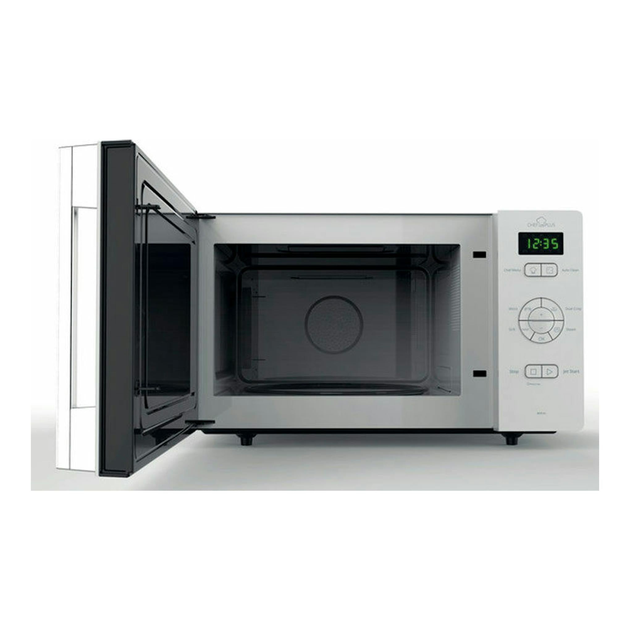 Microondas Whirlpool MCP346WH blanco, vista frontal con puerta abierta y panel digital.