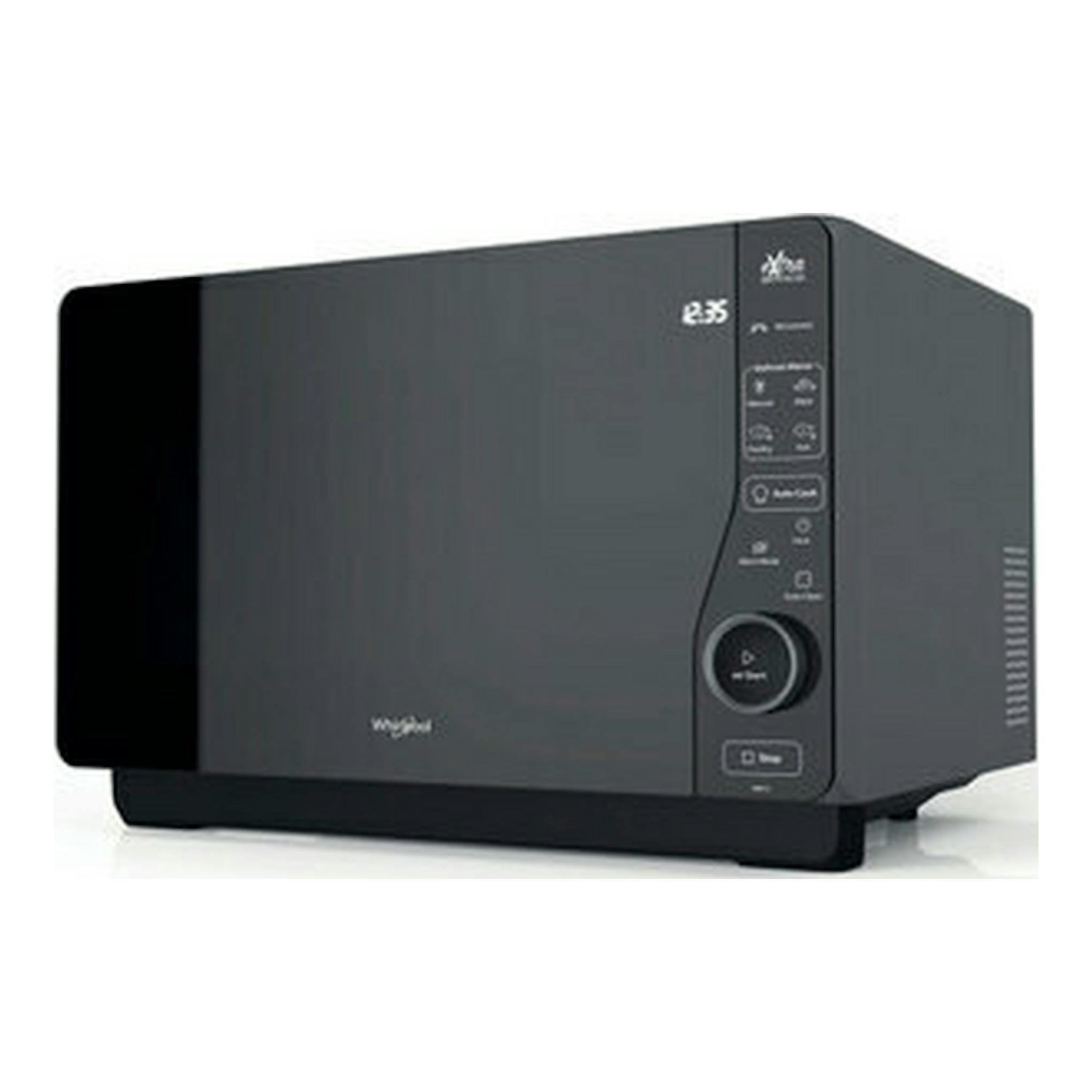 Microondas Whirlpool MWF421BL negro, vista frontal en ángulo derecho, con panel de control lateral.