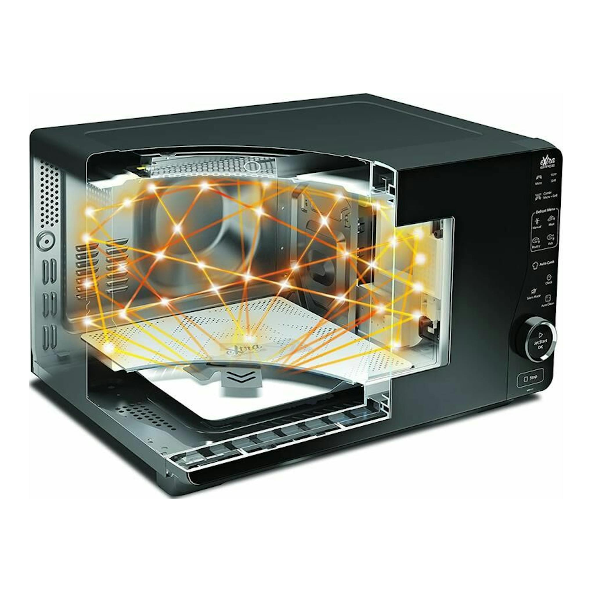 Microondas negro, vista frontal en ángulo, con puerta abierta y panel de control lateral.
