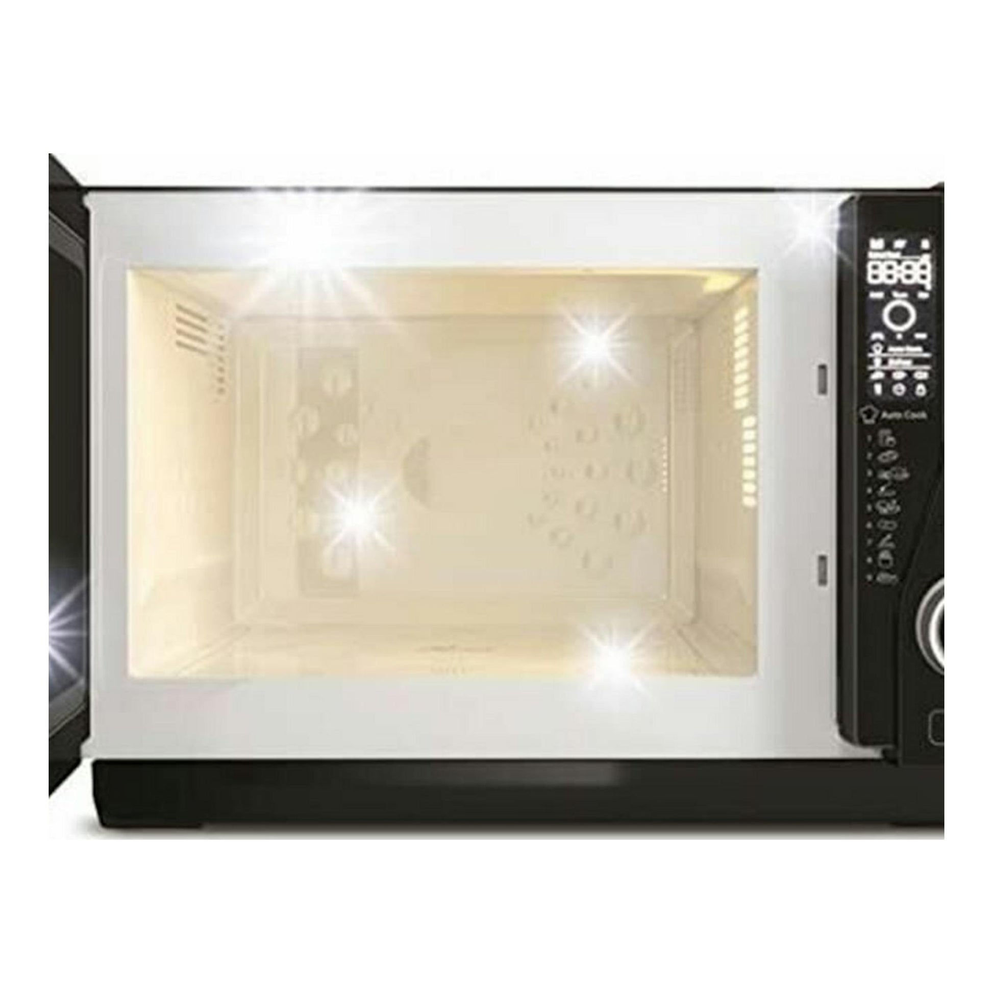 Microondas Whirlpool MWF421BL negro, vista frontal con puerta de vidrio y panel de control lateral derecho.