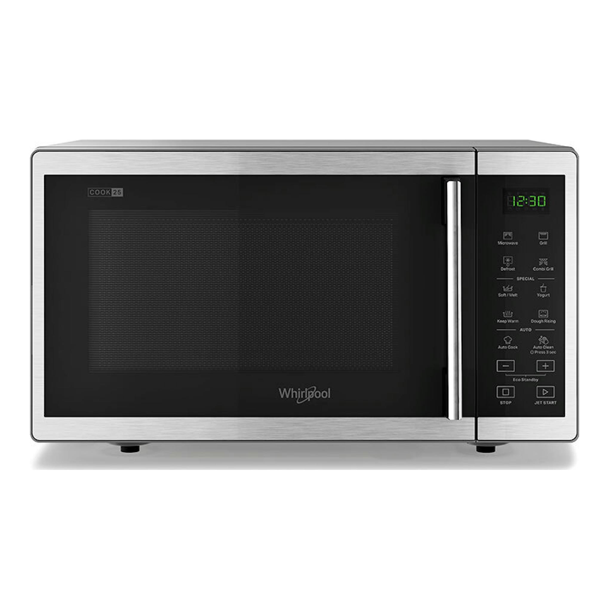 Microondas Whirlpool MWP 253 SX inox, vista frontal, acabado plateado con puerta y panel negro.