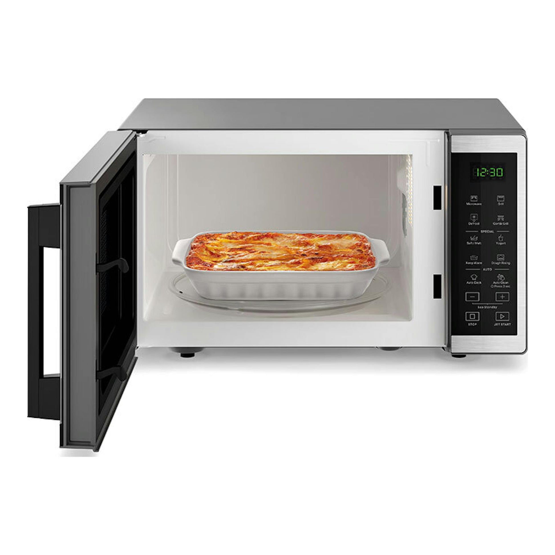Microondas Whirlpool MWP 253 SX inox, puerta abierta, vista frontal, con un recipiente en el interior.