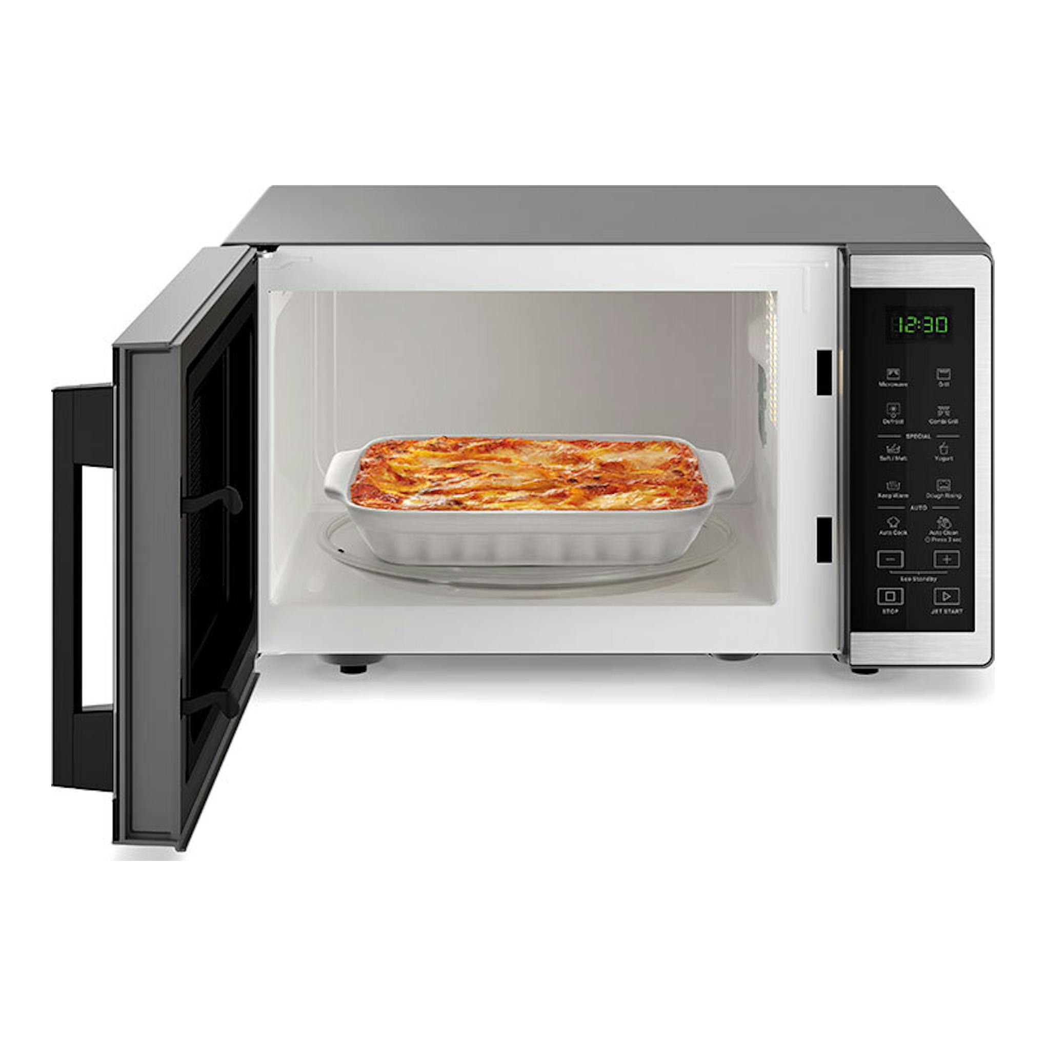 Microondas Whirlpool MWP 253 SX inox, puerta abierta, vista frontal, con un recipiente en el interior.