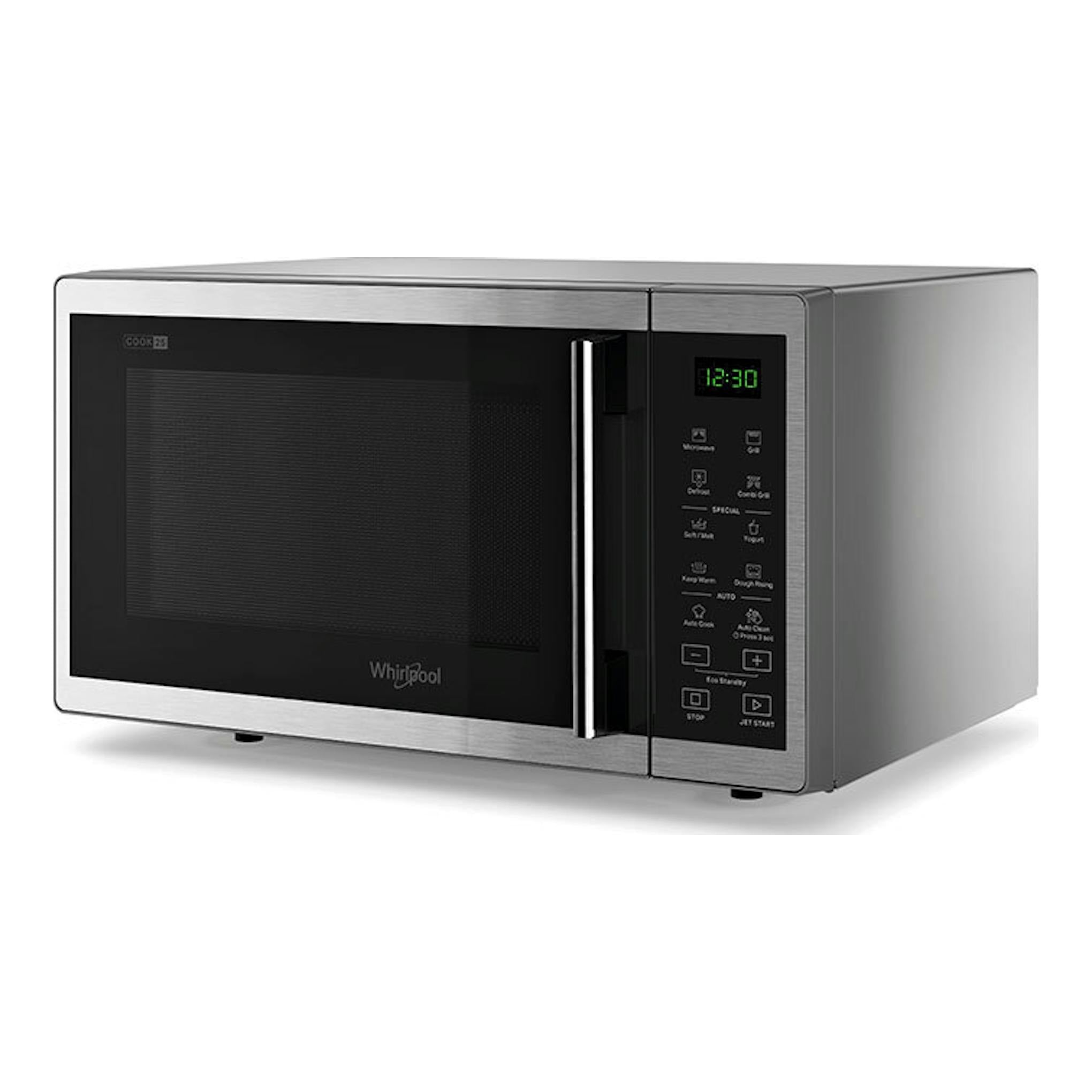 Microondas Whirlpool MWP 253 SX inox, vista frontal en ángulo, con puerta negra y panel digital lateral.